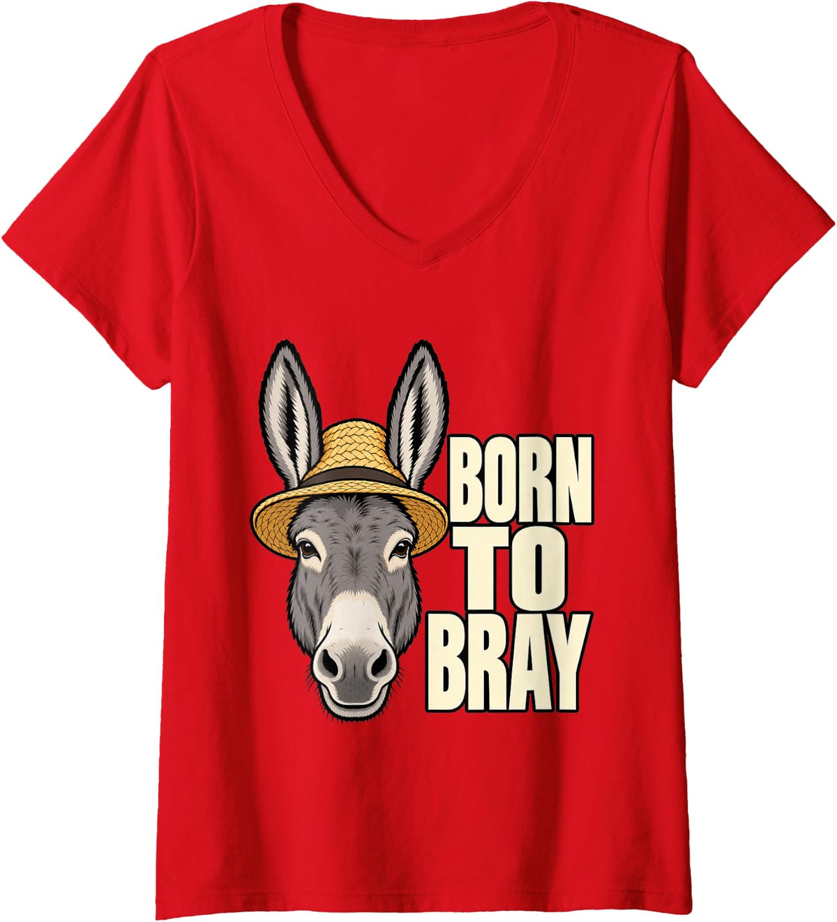 Women's Donkey Born to Bray Farm Mom Cute Funny Humor Sarcastic V-Neck T-Shirt - Red