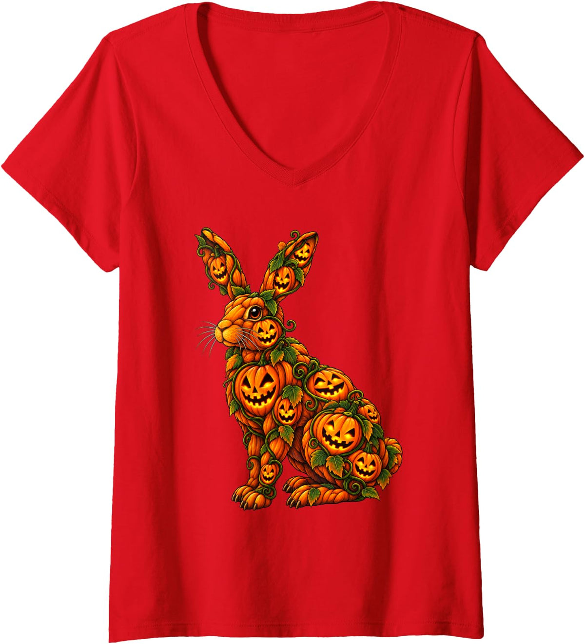 Women's Rabbit Bunny Funny Jack O Lantern Pumpkin Halloween V-Neck T-Shirt - Red