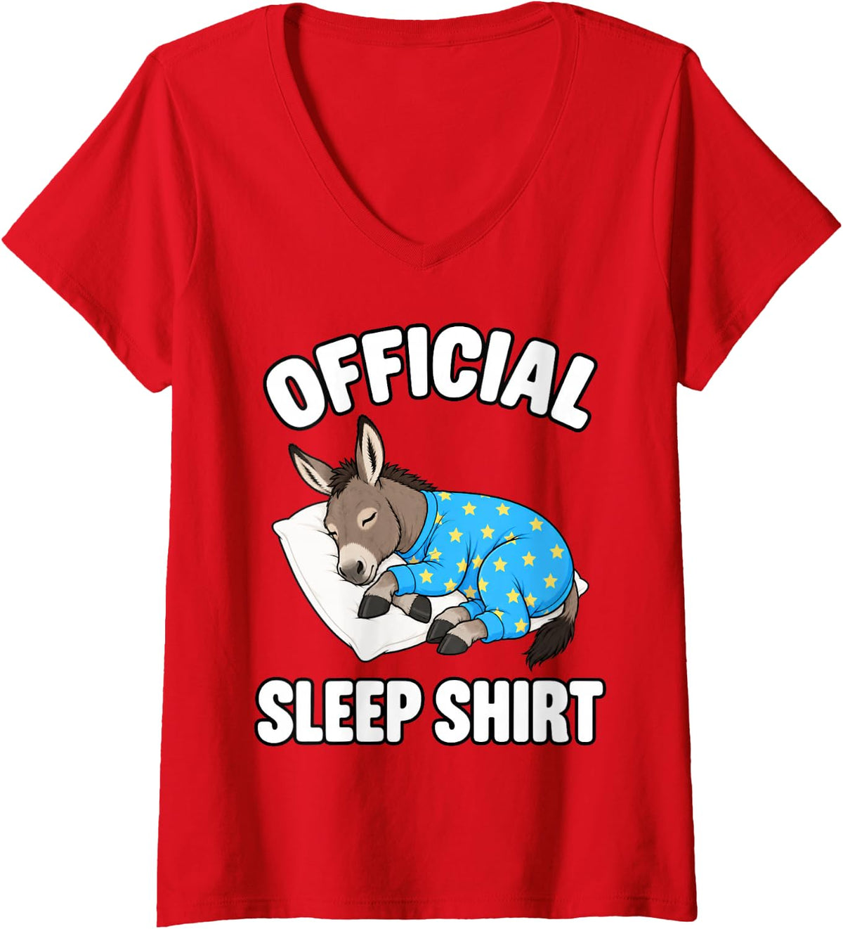 Women's Donkey Sleeping in Pajamas Official Sleepshirt Cute V-Neck T-Shirt - Red