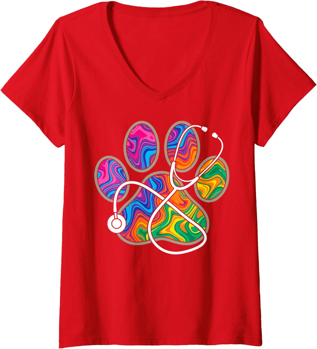 Women's Colorful Paw Prints Stethoscope Veterinarian Vet Tech V-Neck T-Shirt - Red