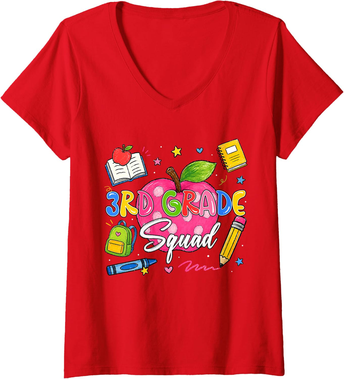 Women's Third Grade Cute Apple First Day of School Girl Kid Teacher V-Neck T-Shirt - Red