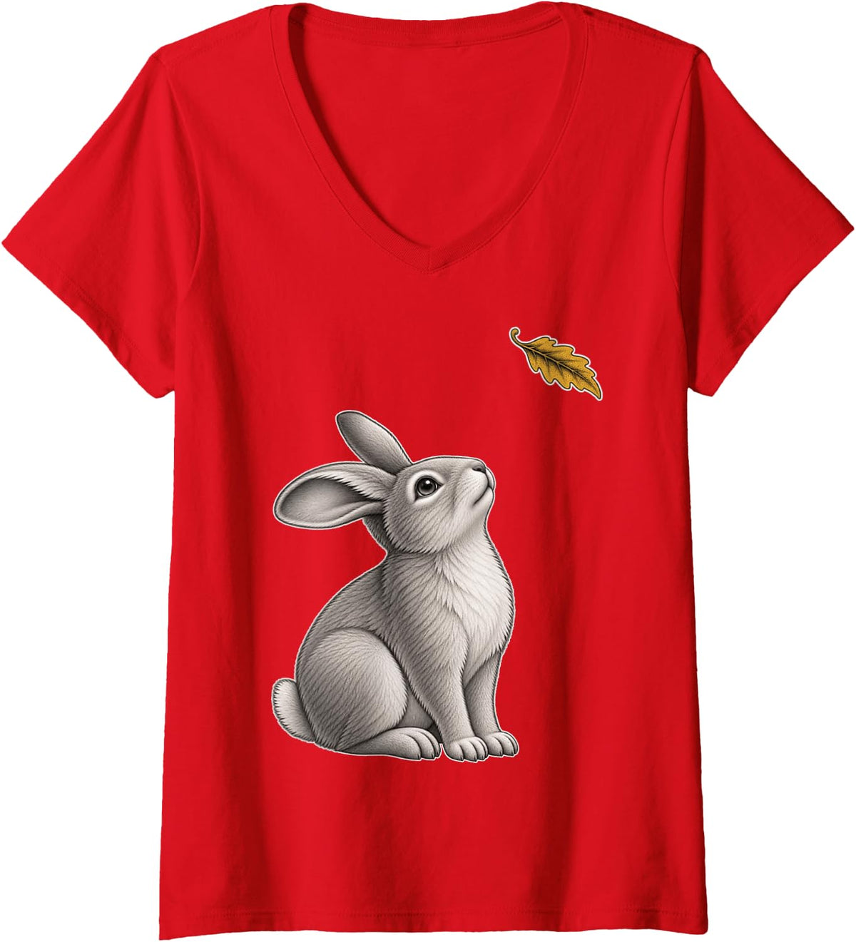 Women's Cute Rabbit Lover Autumn Leaf V-Neck T-Shirt - Red