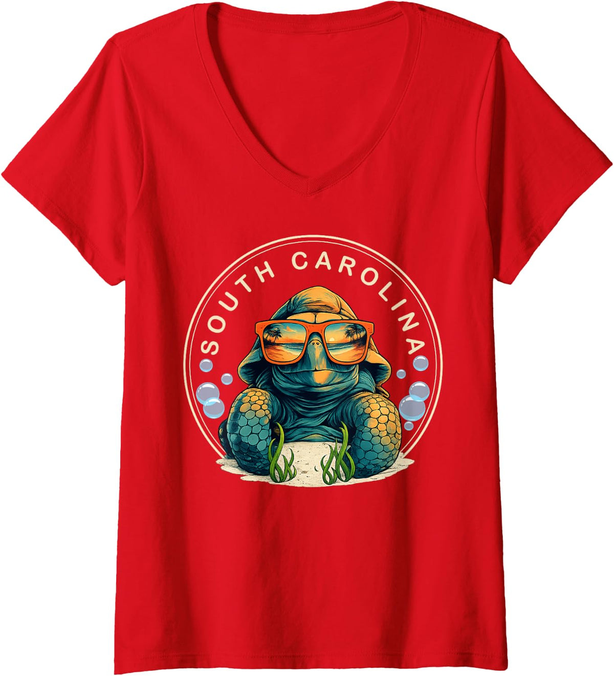 Women's Sea Turtle Lovers South Carolina Beach Summer Vacation V-Neck T-Shirt - Red