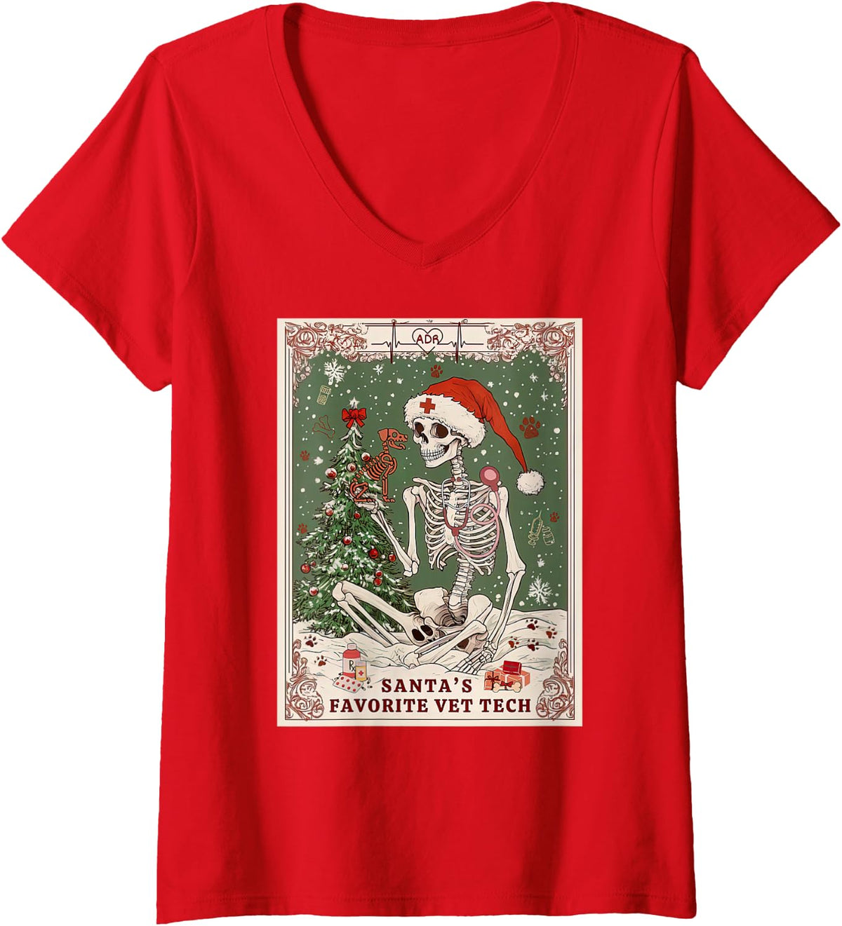 Women's Veterinary Medicine Christmas Skeleton Tarot Card Vet Tech V-Neck T-Shirt - Red
