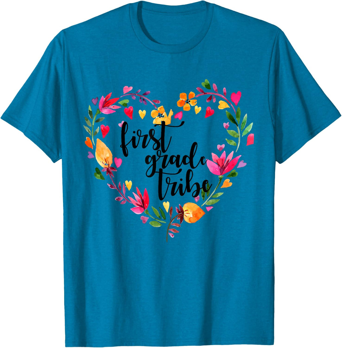 First Grade Tribe Teacher Back to School Apparel Floral T-Shirt - Sapphire Blue