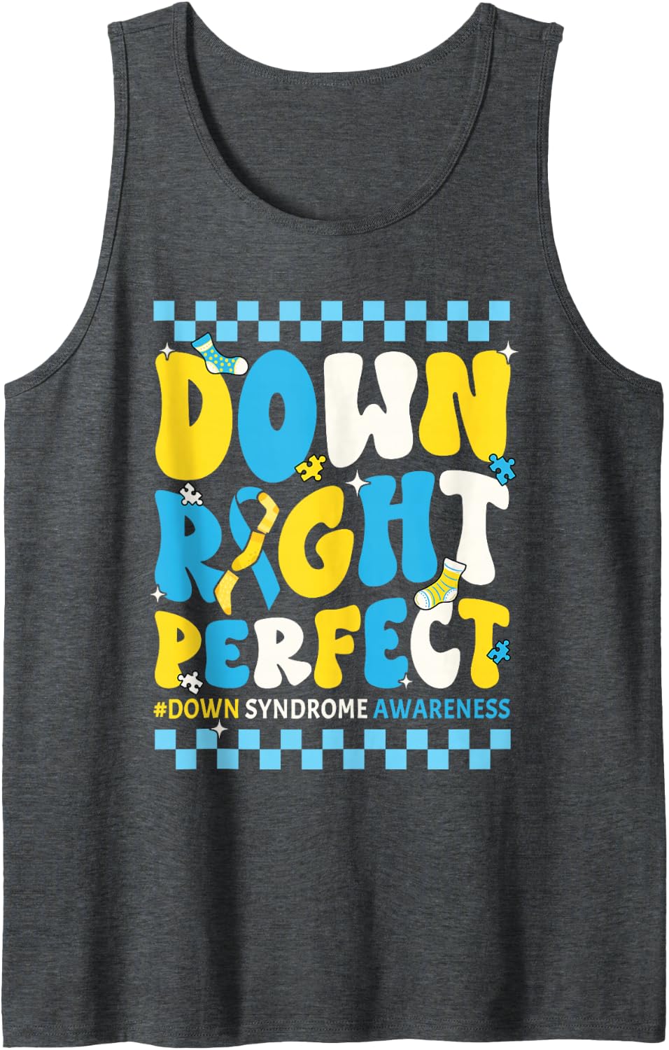 Down Right Perfect Groovy Down Syndrome Awareness Boy Girl Sleeveless Tank Top - Dark Heather Grey