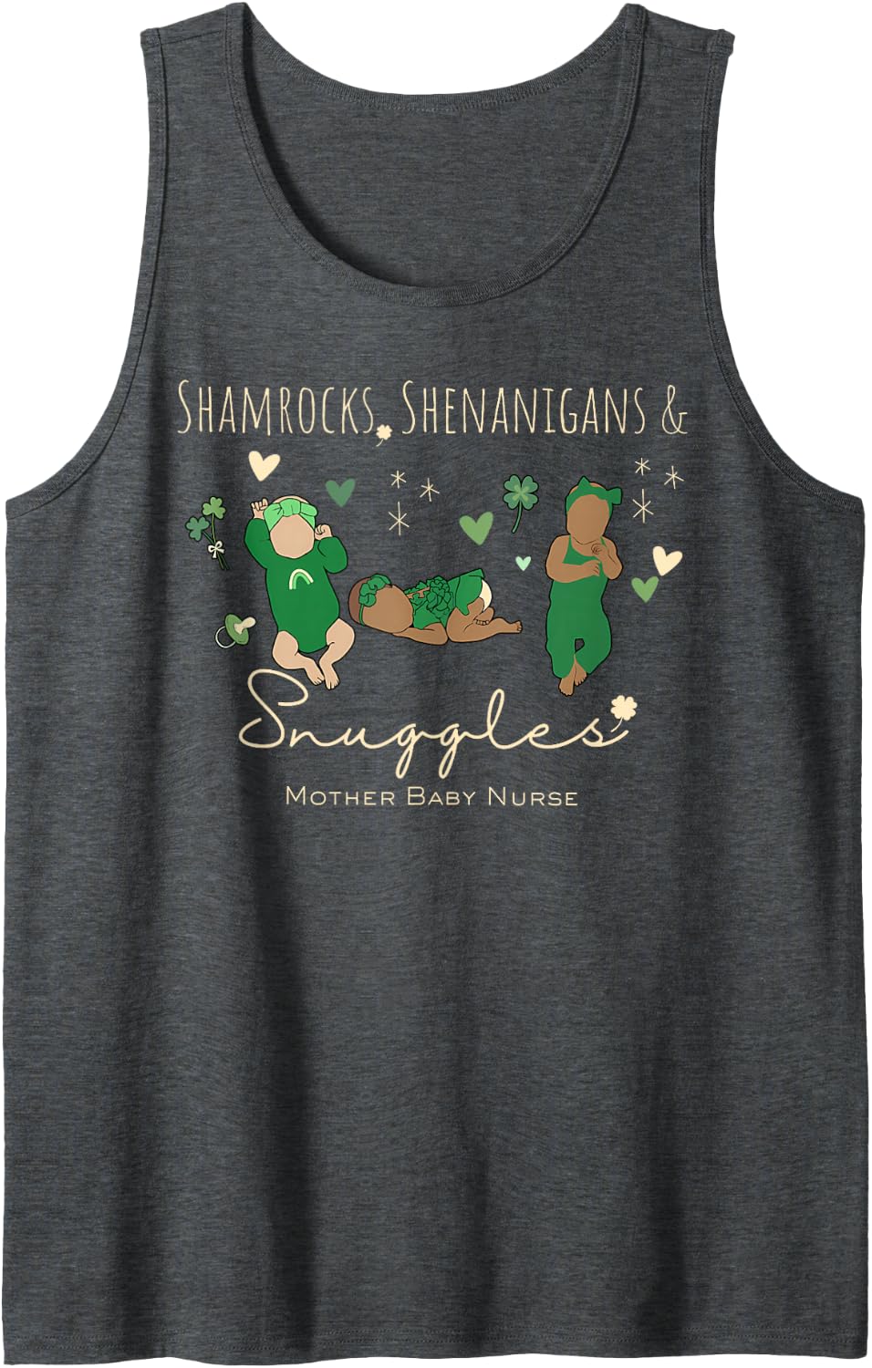 Shamrock Shenanigan Snuggles Mother Baby Nurse NICU Nurse Sleeveless Tank Top - Dark Heather Grey