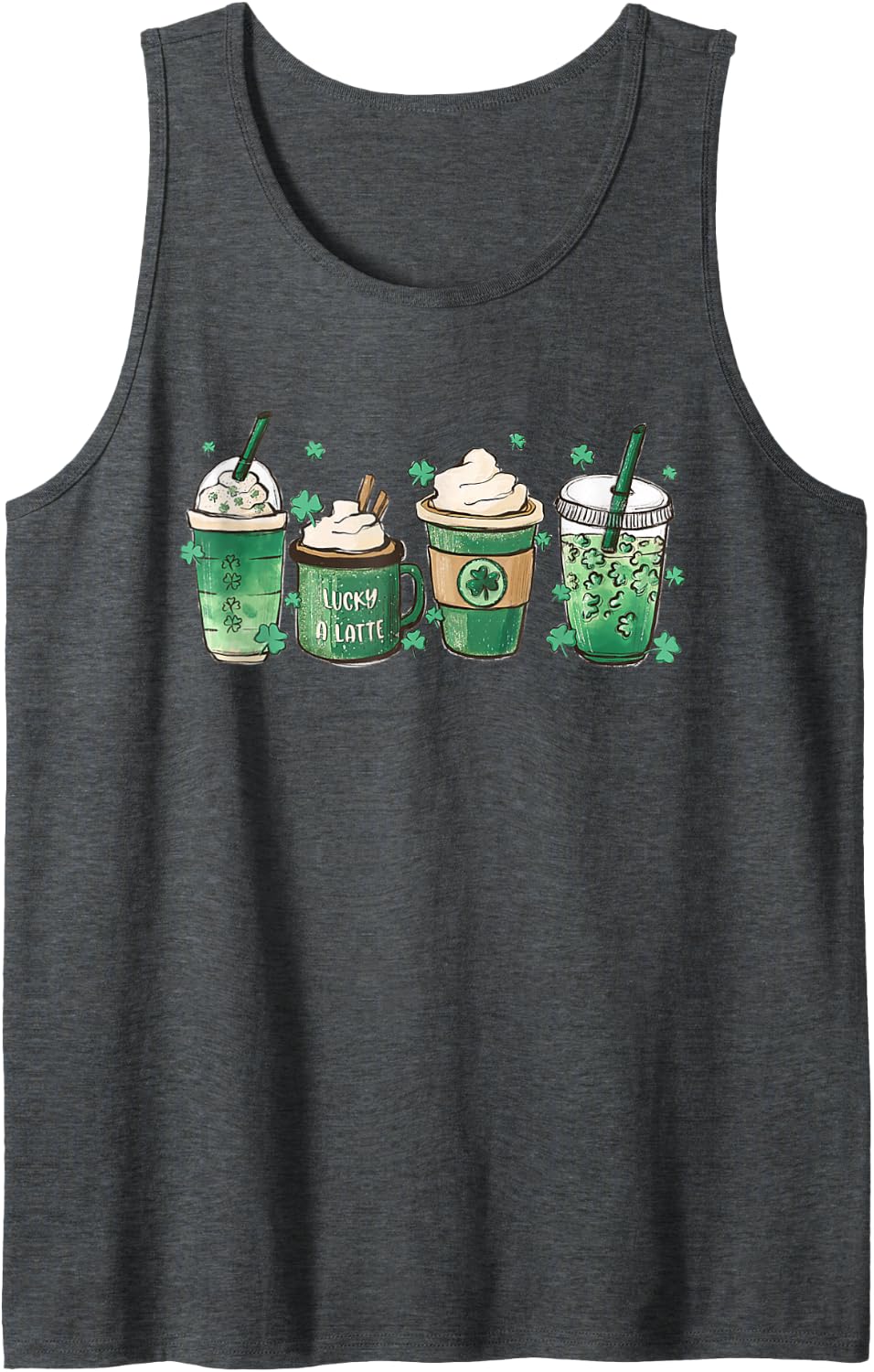 St Patrick's Day Coffee Lover Lucky Latte Irish Shamrock Sleeveless Tank Top - Dark Heather Grey