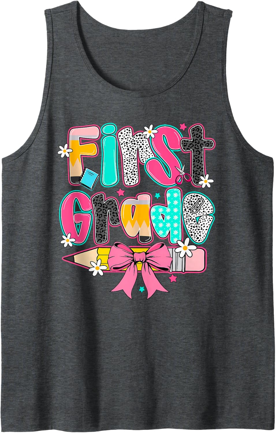 First Grade Coquette Bow Pencil First Day Back to School Sleeveless Tank Top - Dark Heather Grey