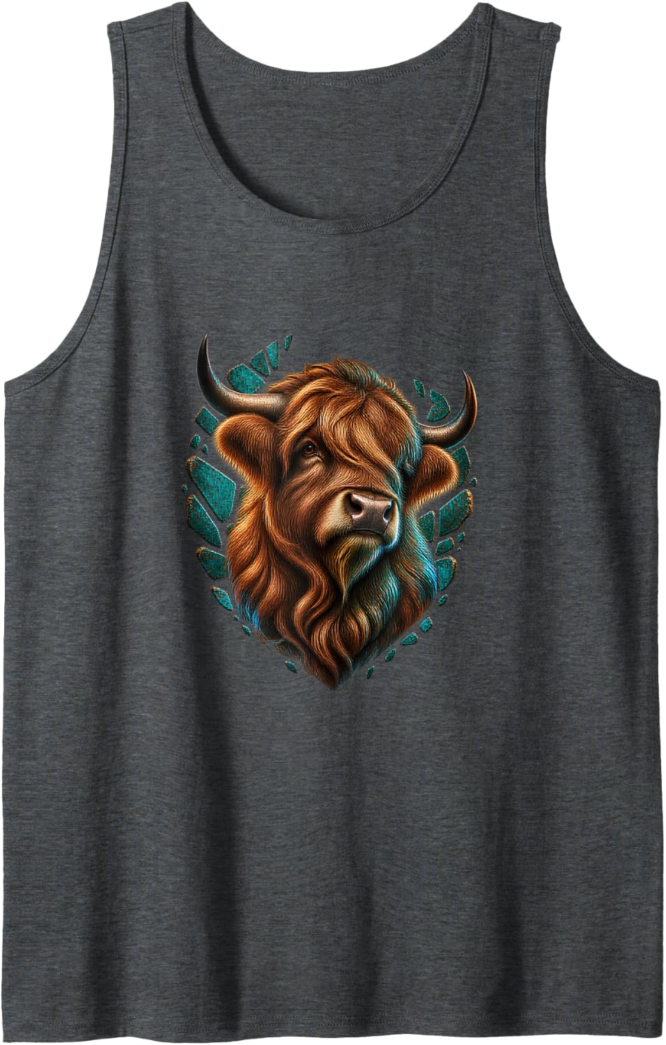 Highland Cow with Turquoise Mosaic Halo Farm Art Sleeveless Tank Top - Dark Heather Grey