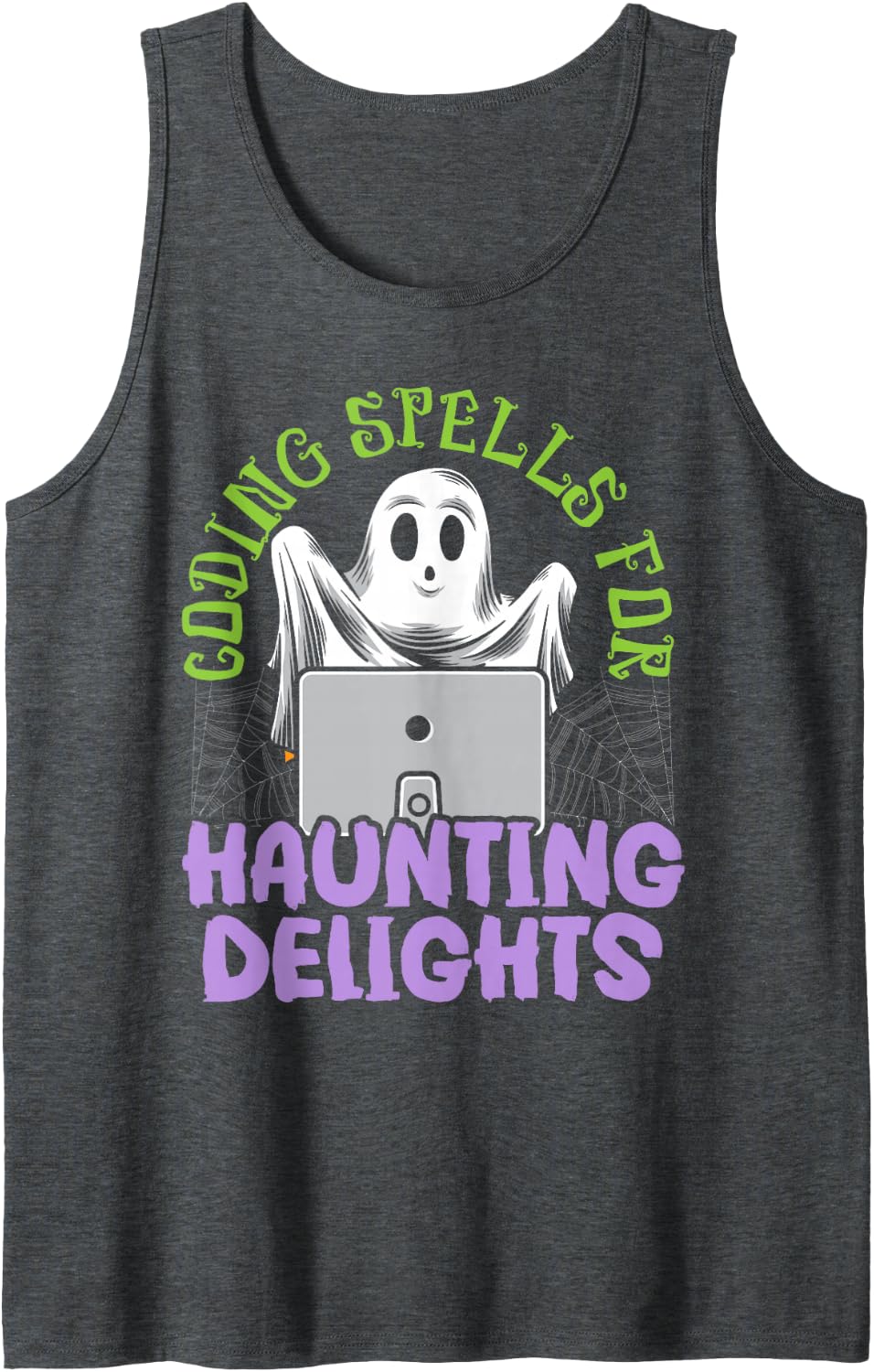 Coding Spells for Haunting Delights Programmer Halloween Tank Top - Dark Heather Grey