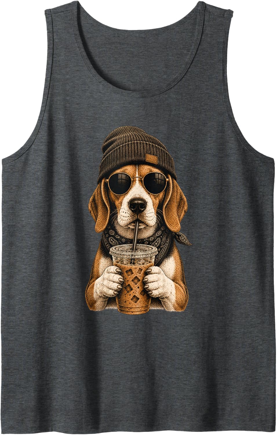 Beagle Iced Coffee Sunglasses Cute Beagle Dog Lover Sleeveless Tank Top - Dark Heather Grey