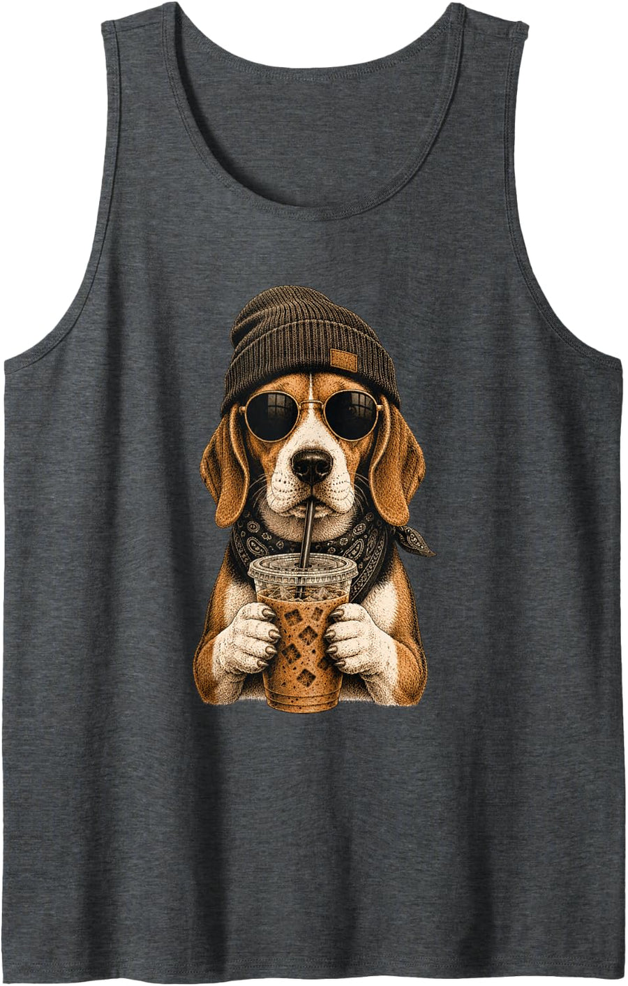 Beagle Iced Coffee Sunglasses Cute Beagle Dog Lover Sleeveless Tank Top - Dark Heather Grey