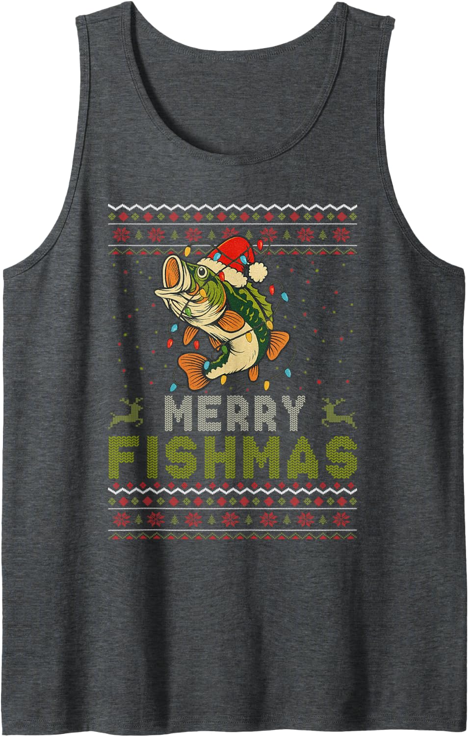 Merry Fishmas Bass Fish Fishing Ugly Christmas Sweater Xmas Sleeveless Tank Top - Dark Heather Grey