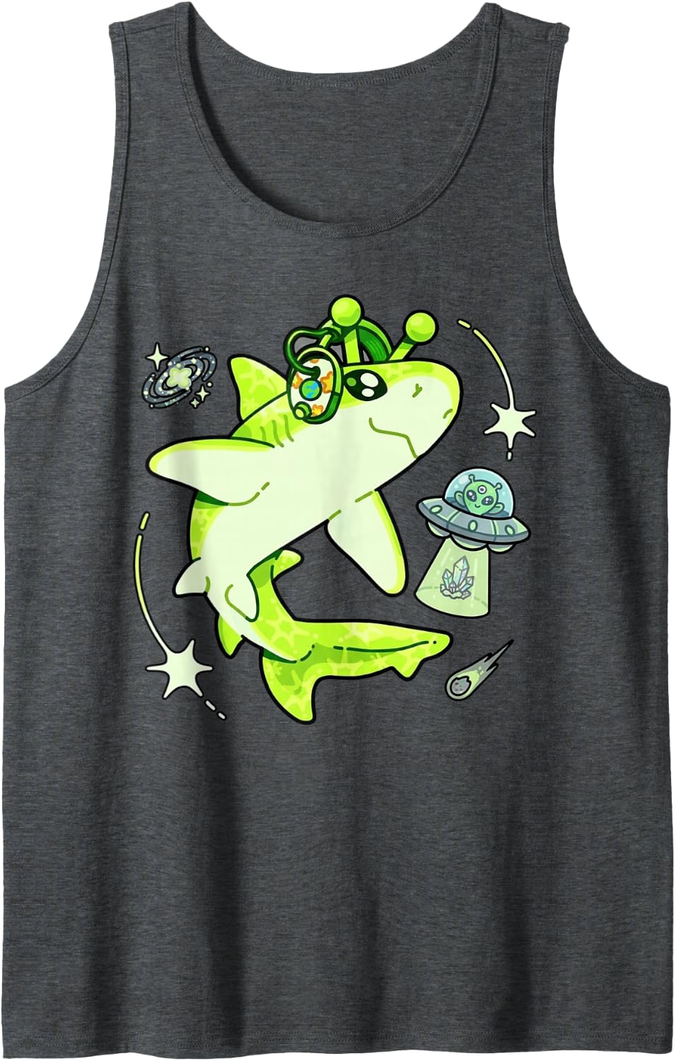 Cute Alien Shark Outer Space UFO Galaxy Kawaii Celestial Art Sleeveless Tank Top - Dark Heather Grey