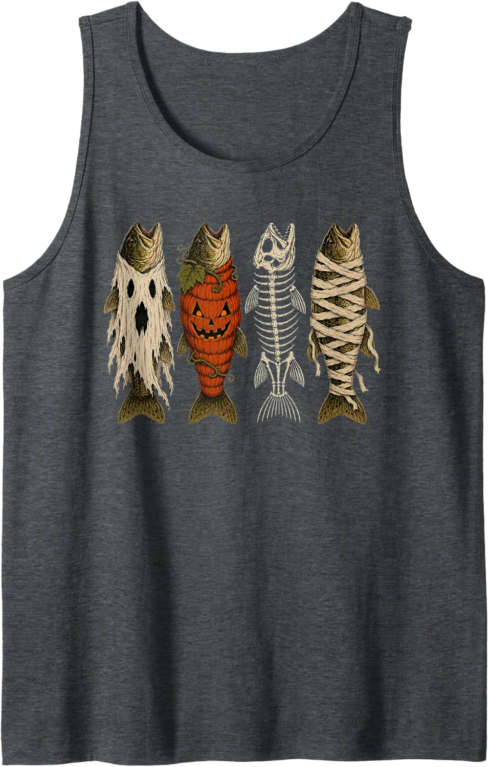 Ghost Pumpkin Skeleton Mummy Bass Funny Halloween Fishing Sleeveless Tank Top - Dark Heather Grey