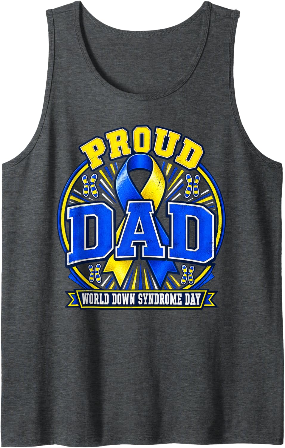 World Down Syndrome Day Proud Dad Blue Yellow Awareness Sleeveless Tank Top - Dark Heather Grey