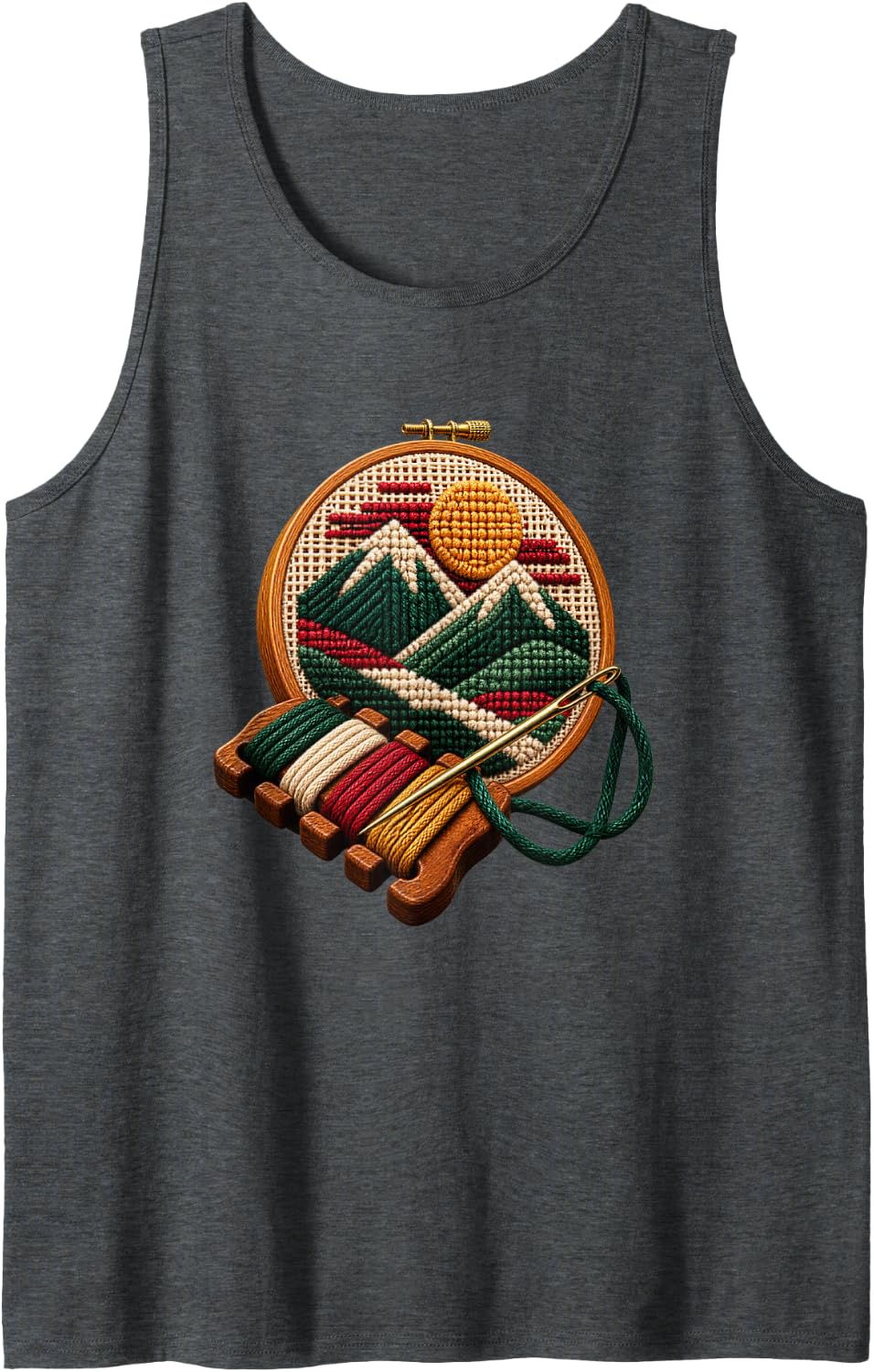 Vibrant Mountain Sunrise Needlepoint with Colorful Yarn Sleeveless Tank Top - Dark Heather Grey