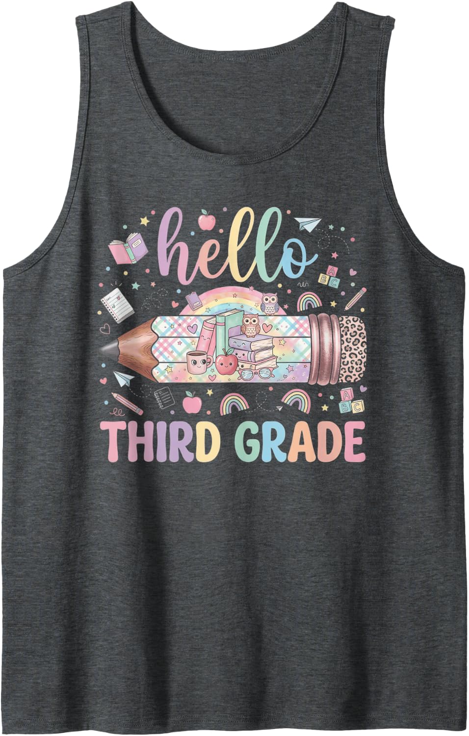 Hello Third Grade Leopard Back to School for Kids Teachers Tank Top - Dark Heather Grey