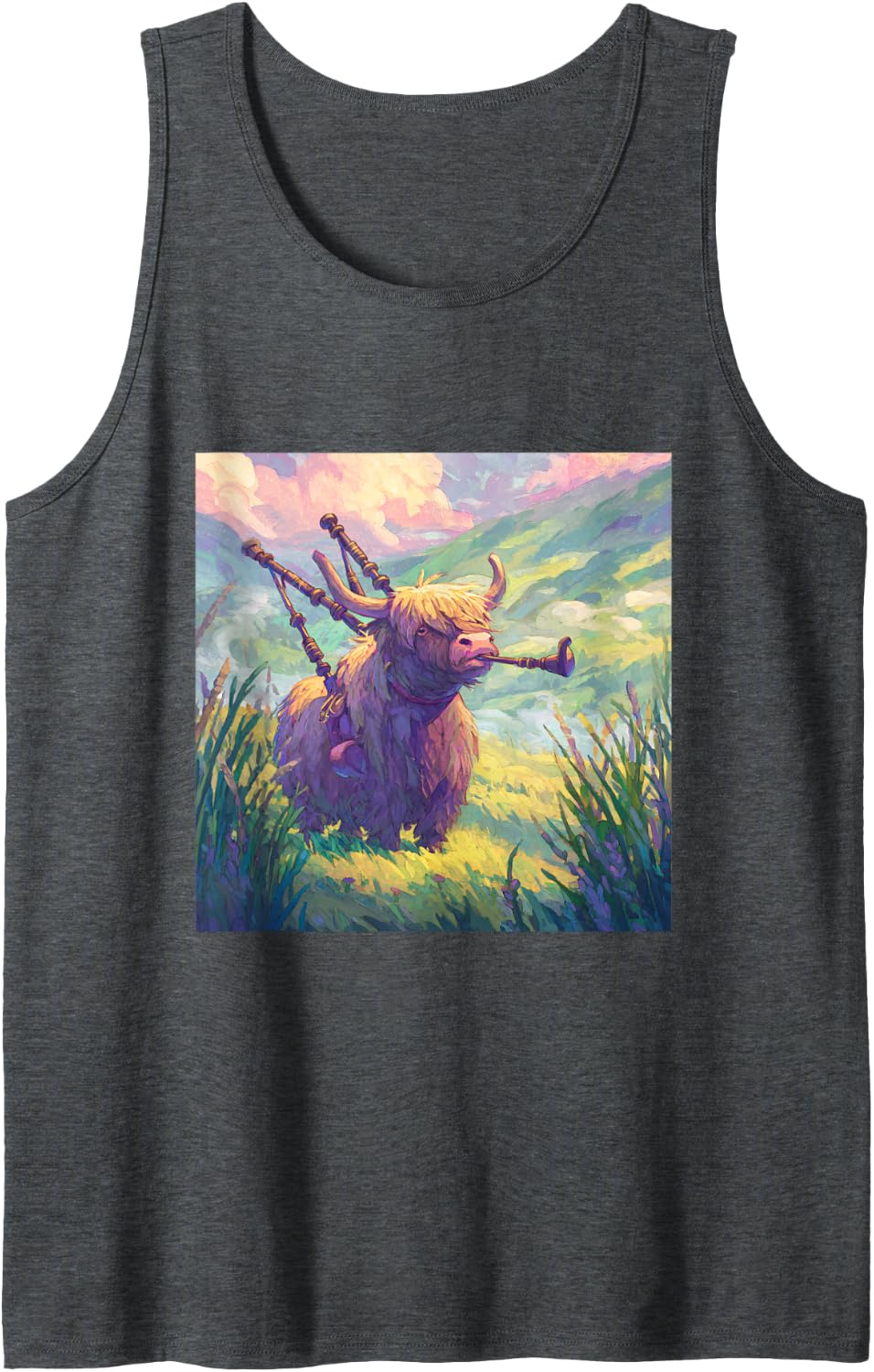 Highland Cow Playing Bagpipes Scottish Highlands Art Tank Top - Dark Heather Grey