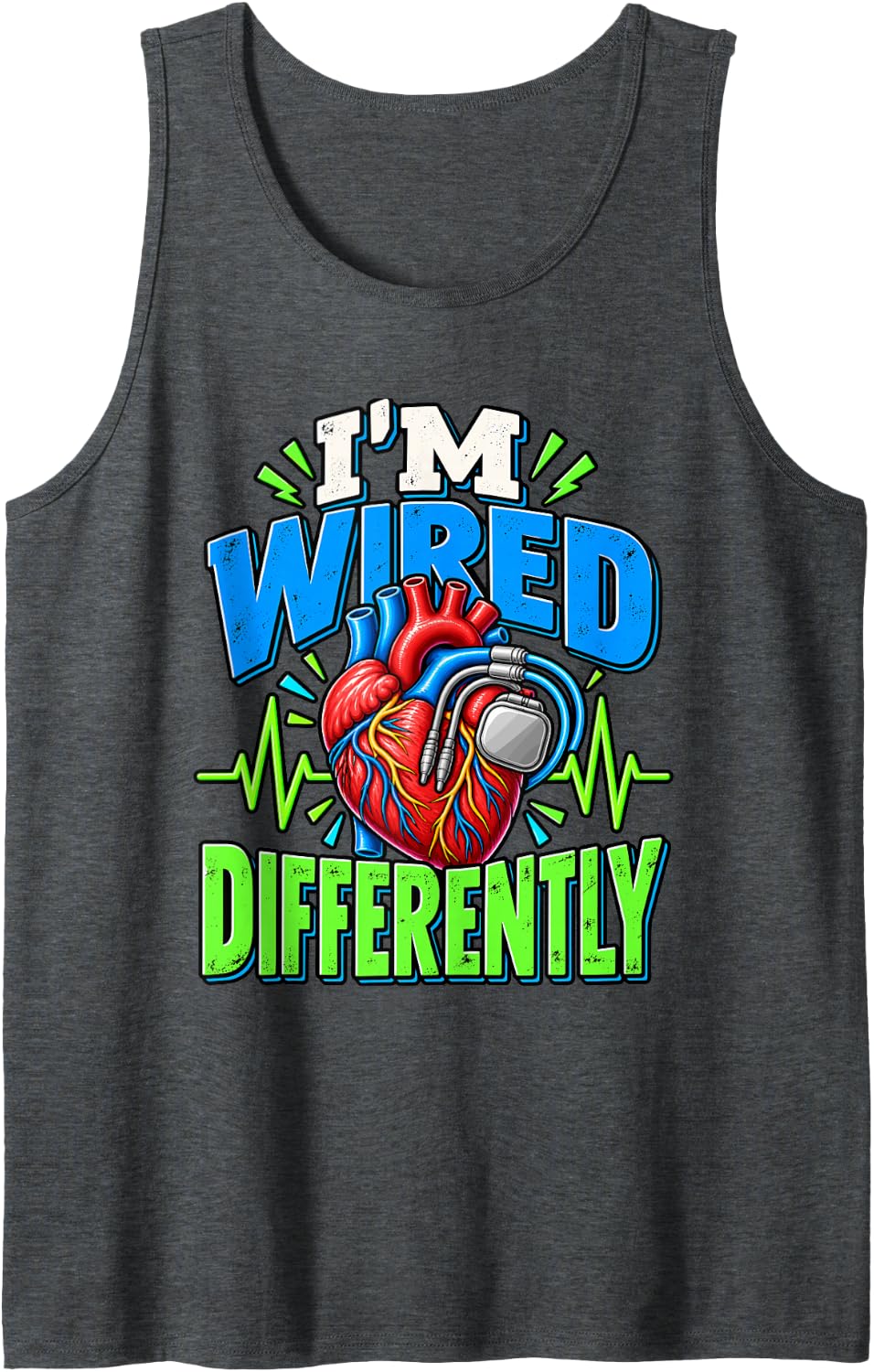 I'm Wired Icd Device Cardiology Cardiac Pacemaker Sleeveless Tank Top - Dark Heather Grey