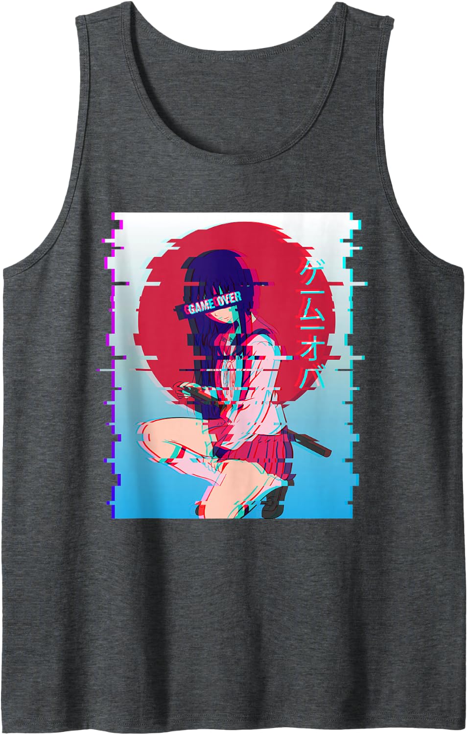 Japanese Anime School Girl Game Over Vaporwave Aesthetic Tank Top - Dark Heather Grey