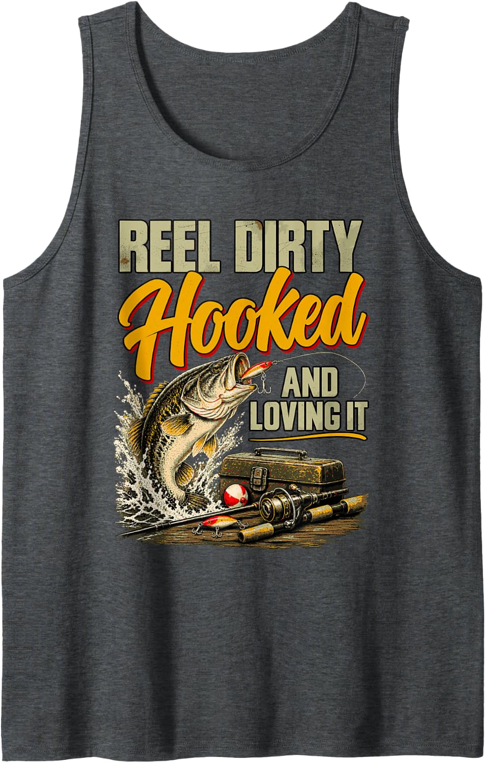 Funny Vintage Fishing Reel Dirty Hooked Bass Fisherman Sleeveless Tank Top - Dark Heather Grey
