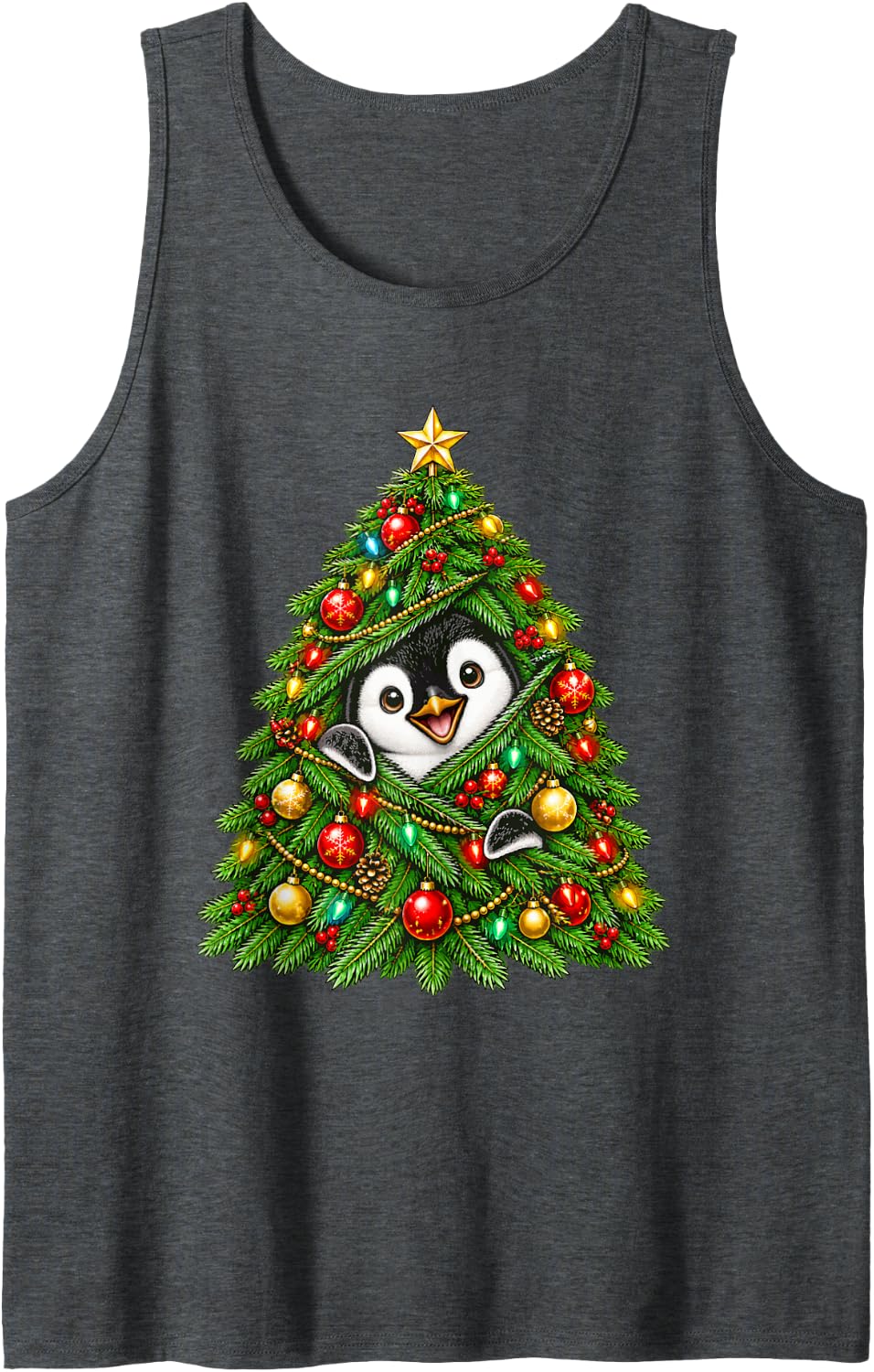 Cute Penguin Peeking with Christmas Tree Festive Lights Xmas Sleeveless Tank Top - Dark Heather Grey