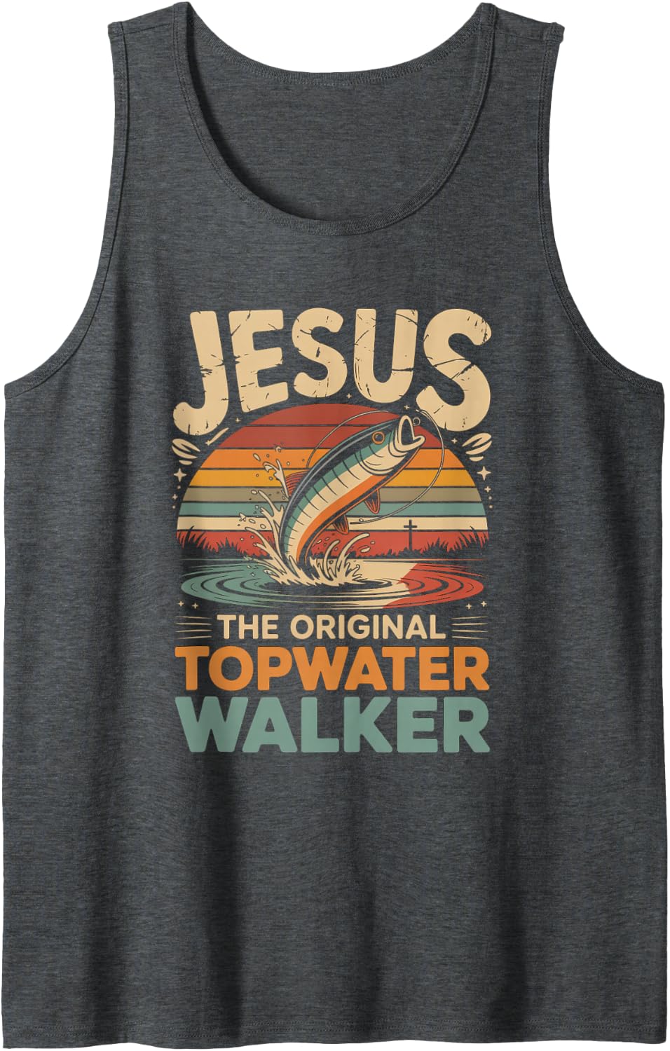 The Original Topwater Walker Jesus Bass Fishing Sleeveless Tank Top - Dark Heather Grey
