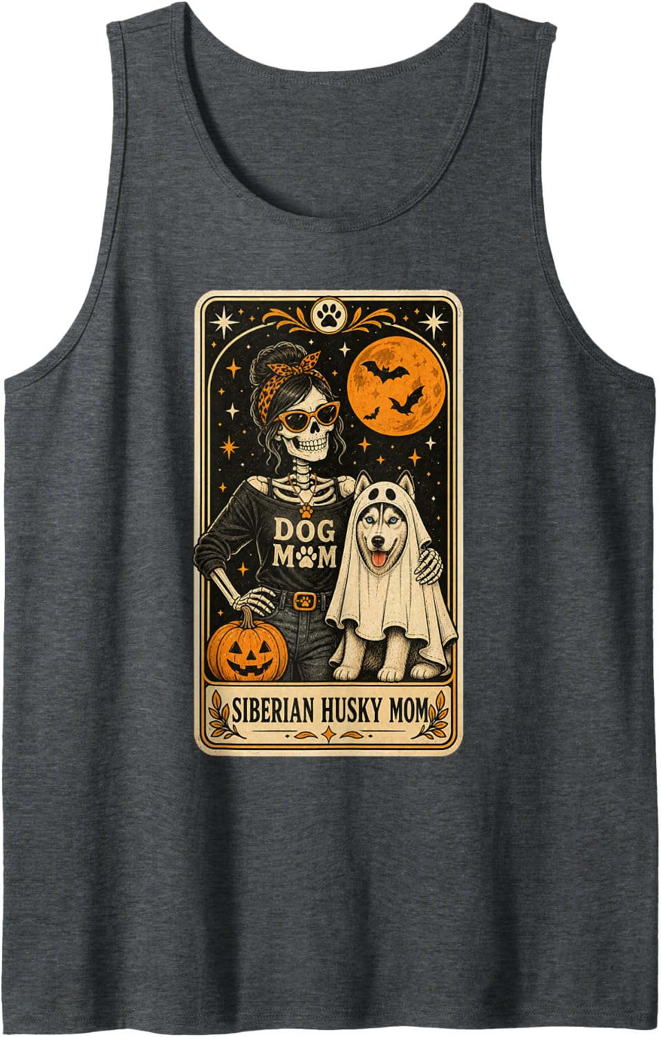 Siberian Husky Mom Halloween Skeleton Dog Mom Tarot Card Sleeveless Tank Top - Dark Heather Grey