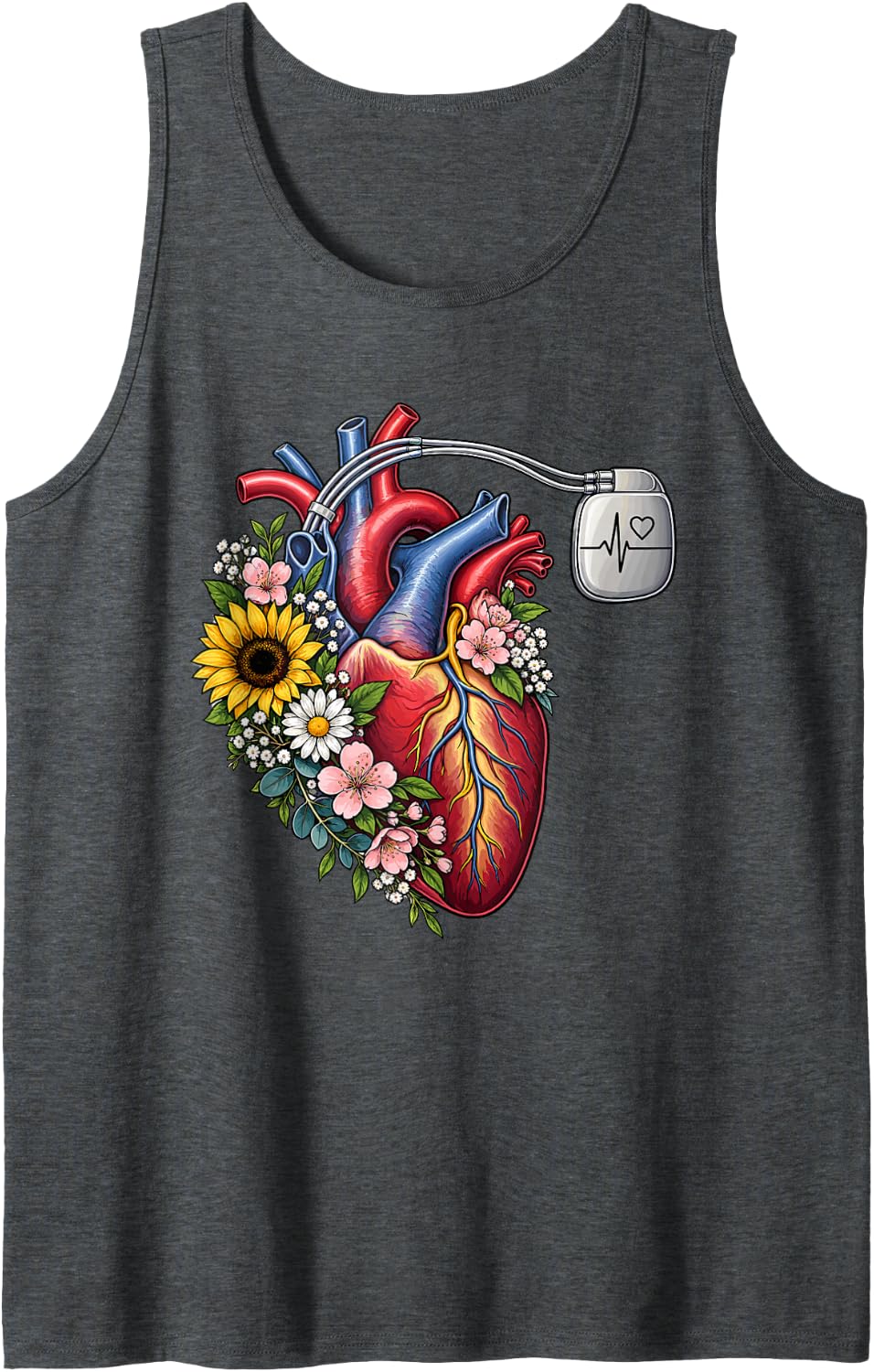 Heart Flower Pacemaker Device Cardiology Cardiac Pacemaker Sleeveless Tank Top - Dark Heather Grey