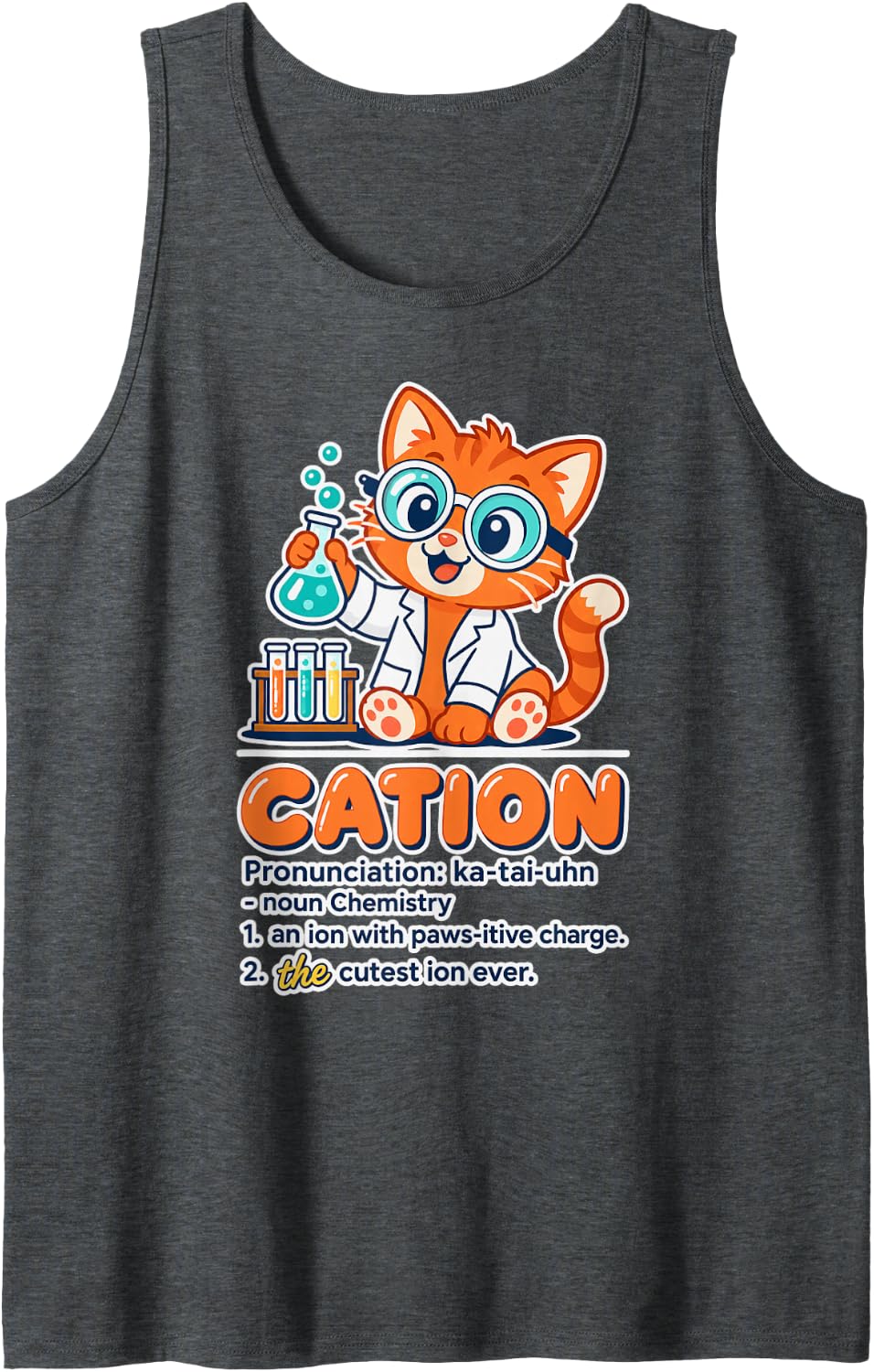 Cation Cat Funny Chemistry Teacher Student Science Pun Sleeveless Tank Top - Dark Heather Grey