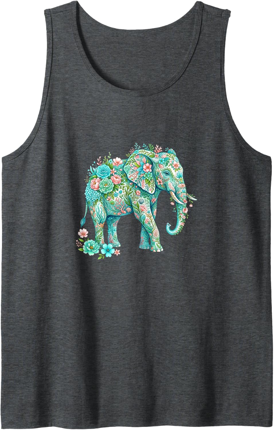 Floral Elephant Botanical Safari Ocean Art Sleeveless Tank Top - Dark Heather Grey