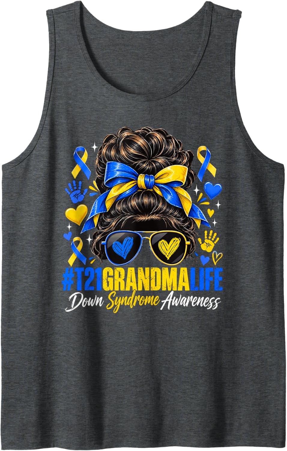 Grandma Life Down Syndrome Awareness Month Blue Yellow Sleeveless Tank Top - Dark Heather Grey