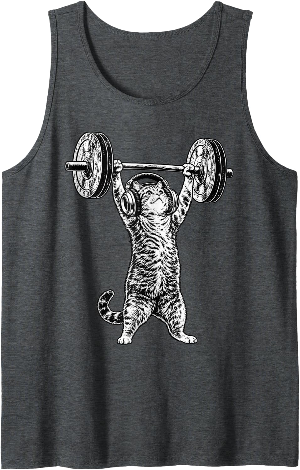 Vintage Weightlifting Cat with Headphones Gym Fitness Sleeveless Tank Top - Dark Heather Grey