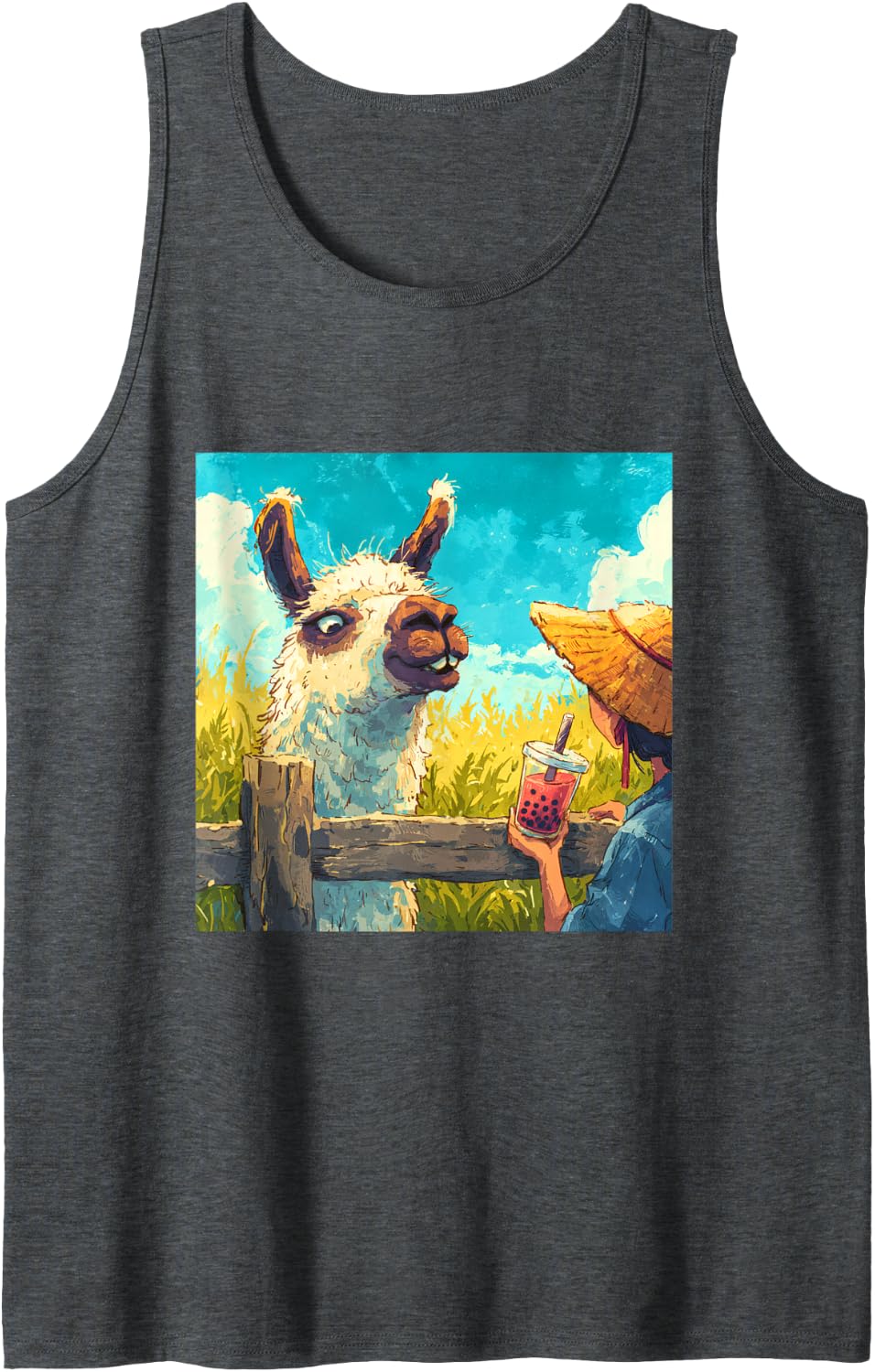 Llama Bubble Tea Drinker Alpaca Farmer Tank Top - Dark Heather Grey