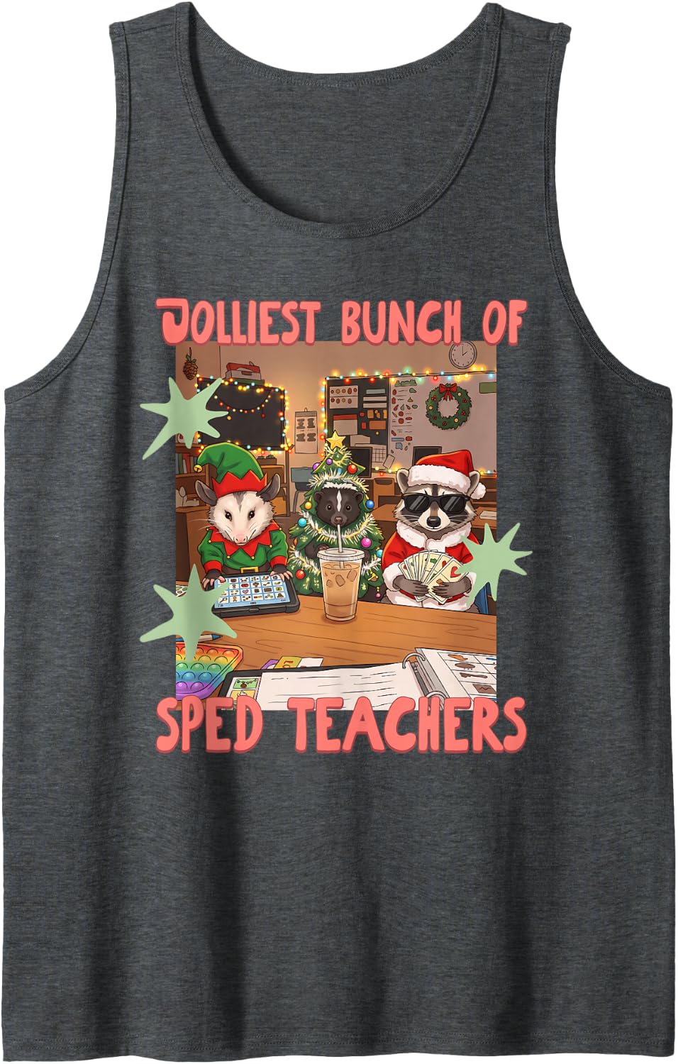 Jolliest Bunch of Sped Teachers Christmas Raccoon Opossum Sleeveless Tank Top - Dark Heather Grey