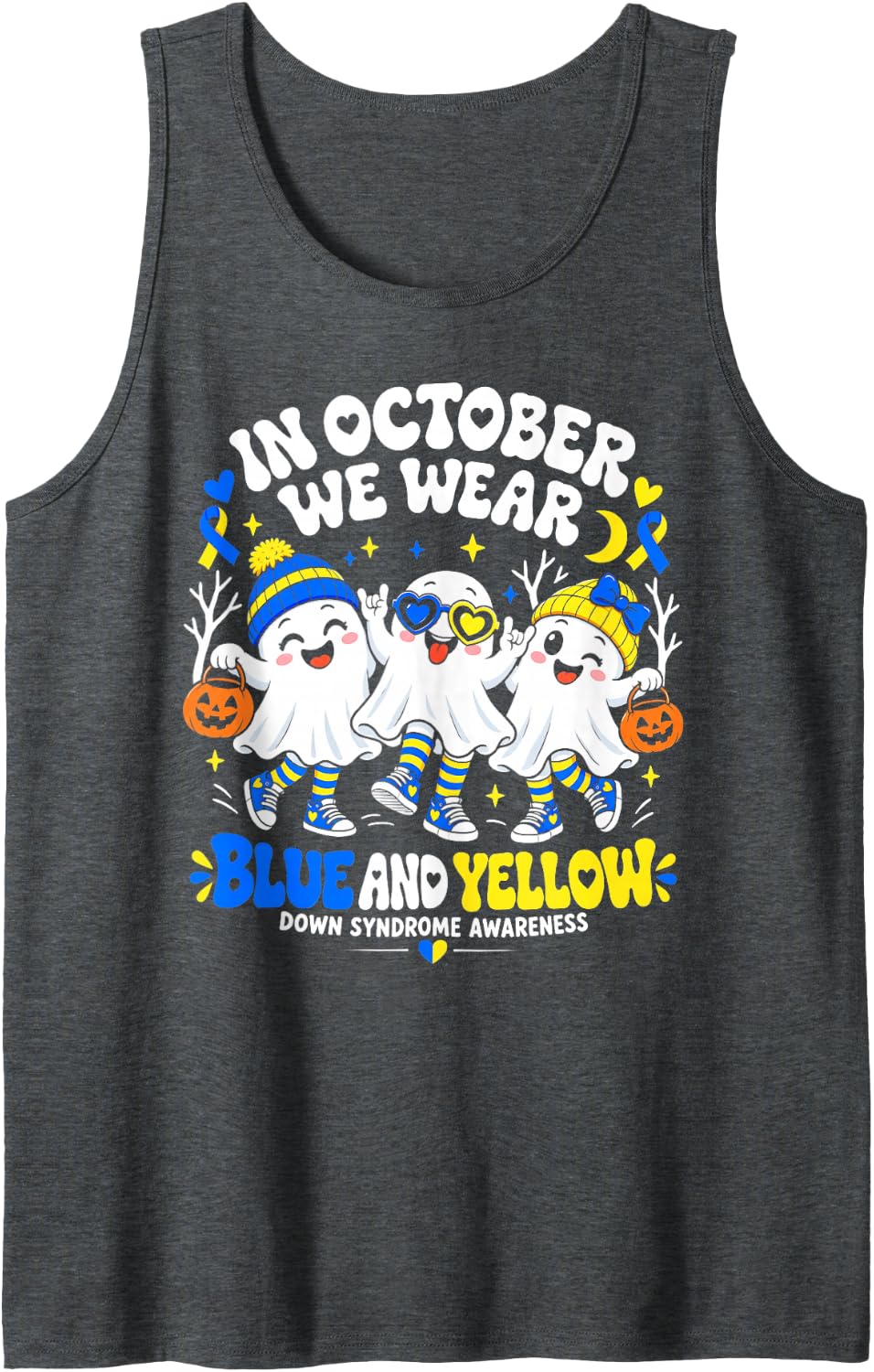 in October We Wear Yellow and Blue Down Syndrome Halloween Sleeveless Tank Top - Dark Heather Grey