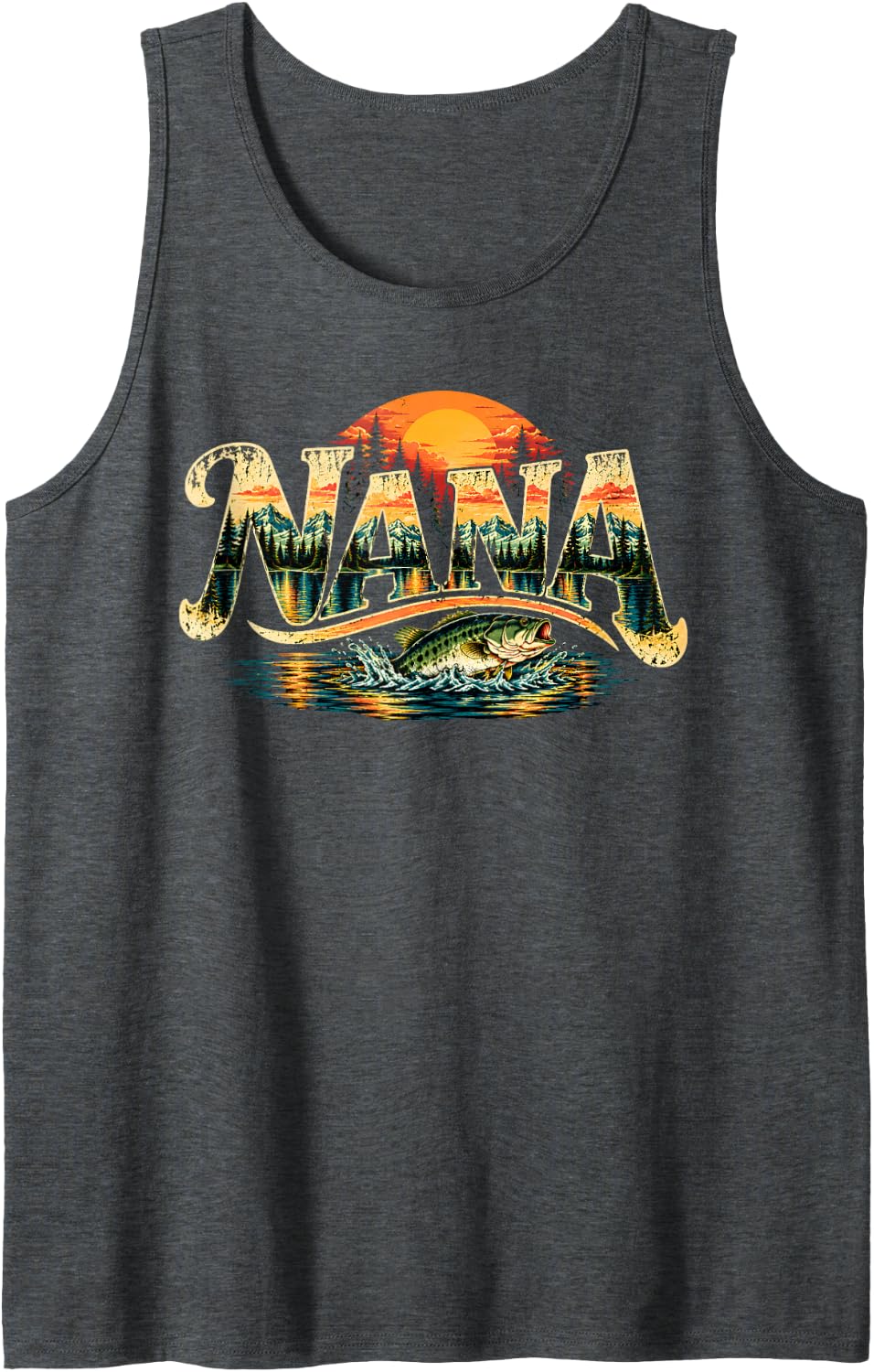 Nana Fishing Vintage Bass Mountain Lake Sunset Sleeveless Tank Top - Dark Heather Grey