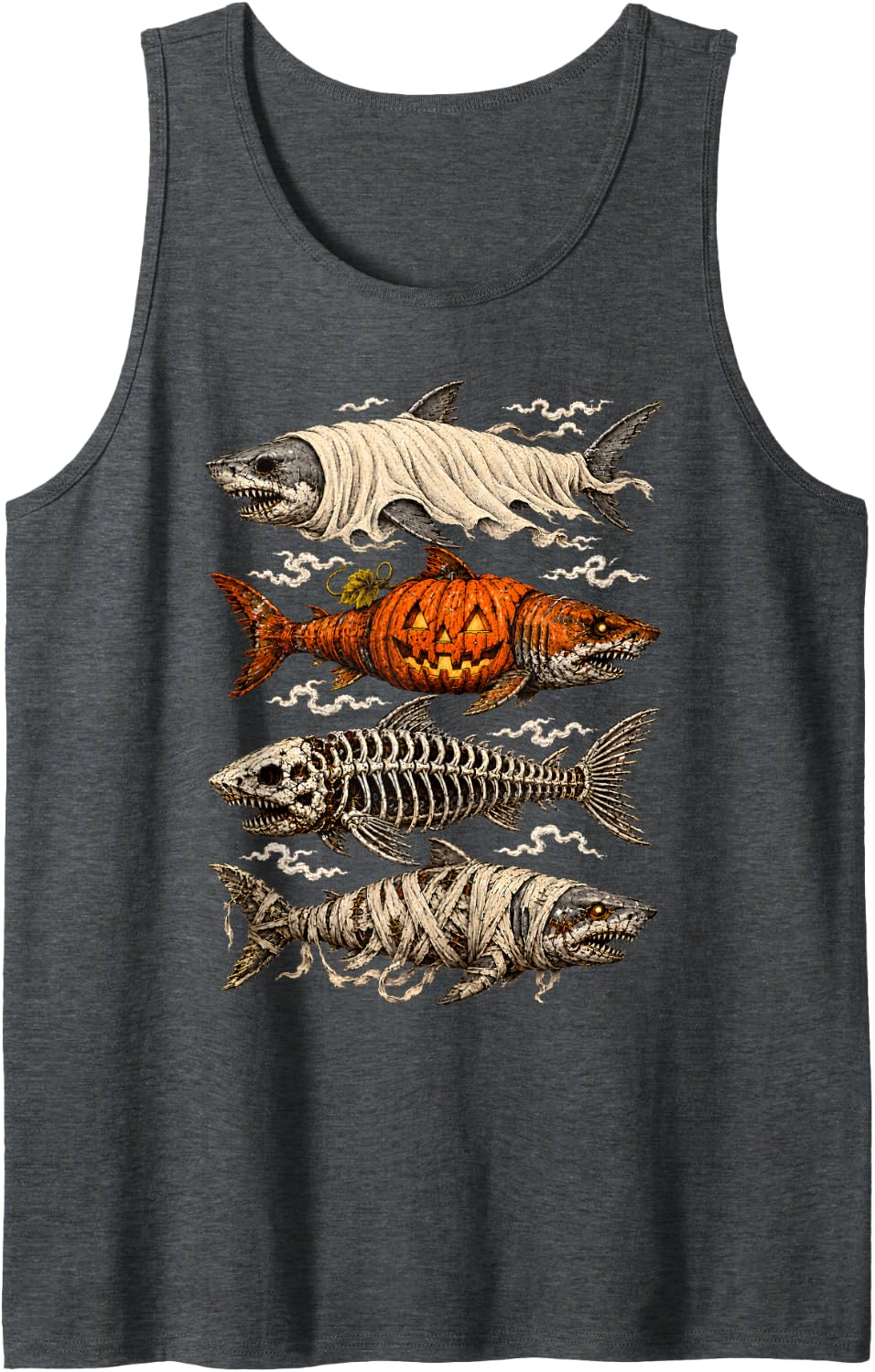 Halloween Shark Fish Ghost Pumpkin Skeleton Mummy Sleeveless Tank Top - Dark Heather Grey