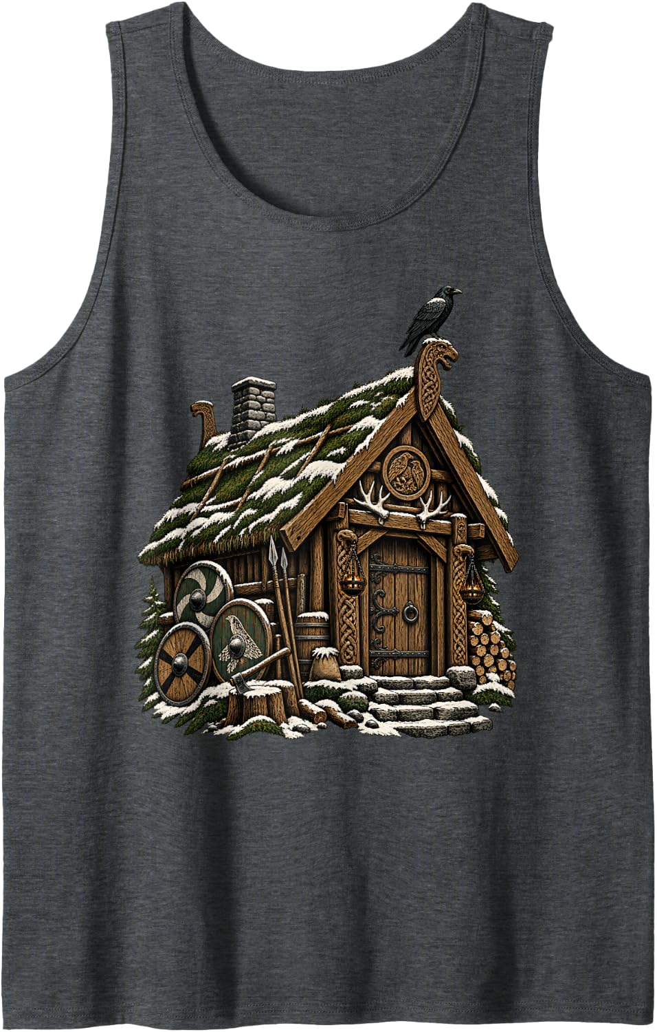 Snowy Viking Longhouse Raven Shield Nordic Art Sleeveless Tank Top - Dark Heather Grey