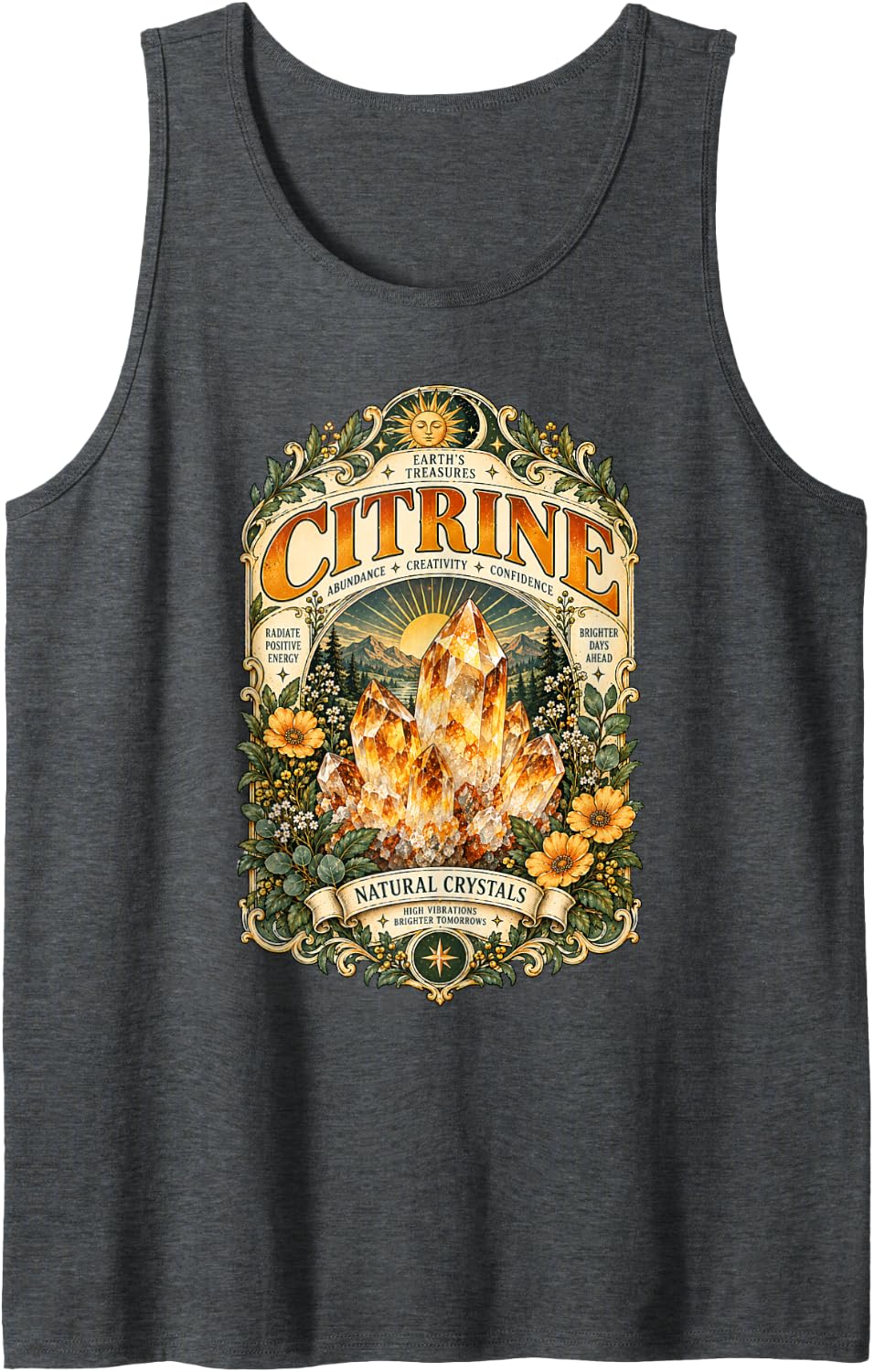 Citrine Graphic Vintage Gemstone Crystal Sleeveless Tank Top - Dark Heather Grey