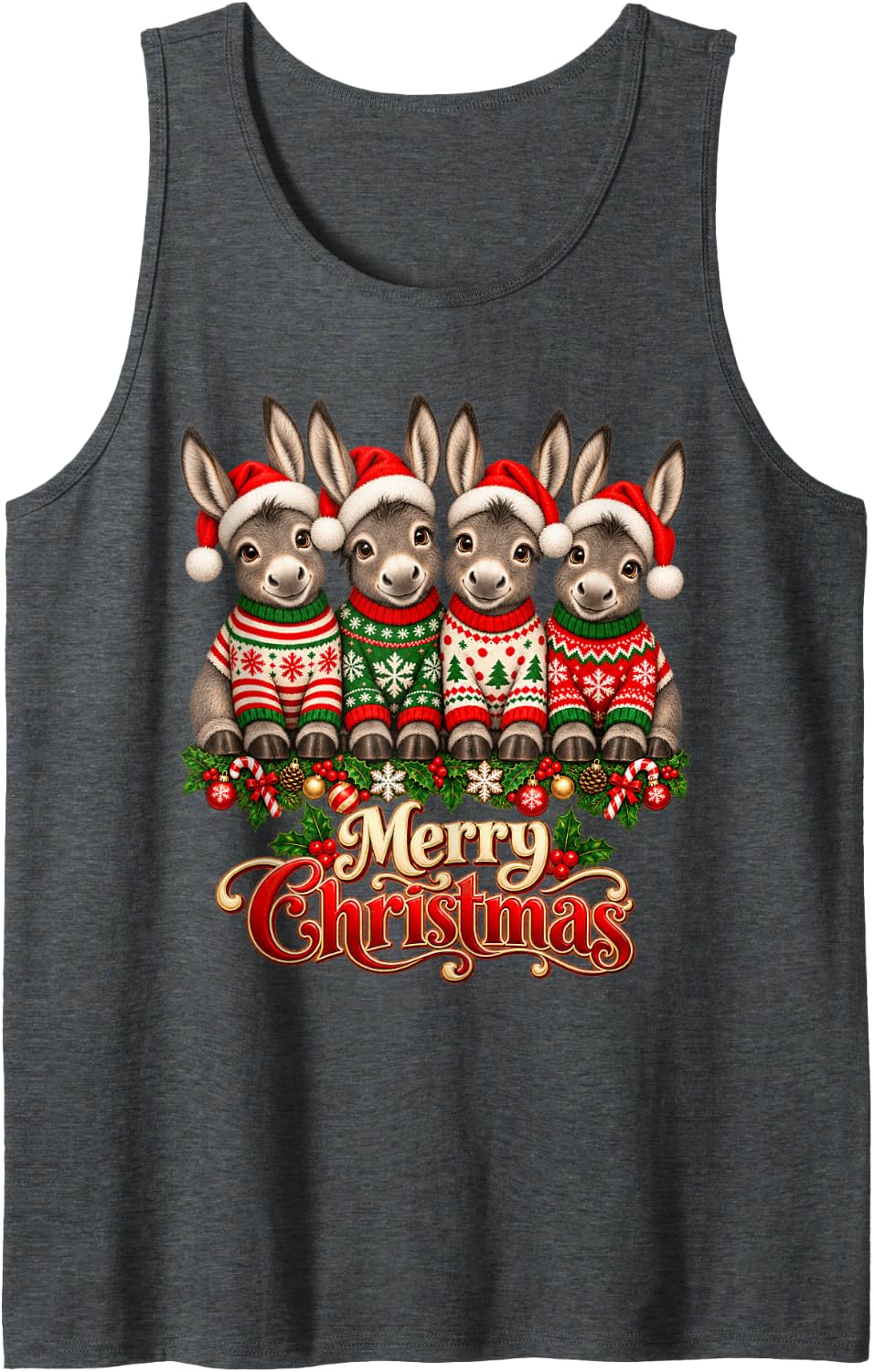 Merry Christmas Donkey Santa Hat Holiday Animal Lover Sleeveless Tank Top - Dark Heather Grey