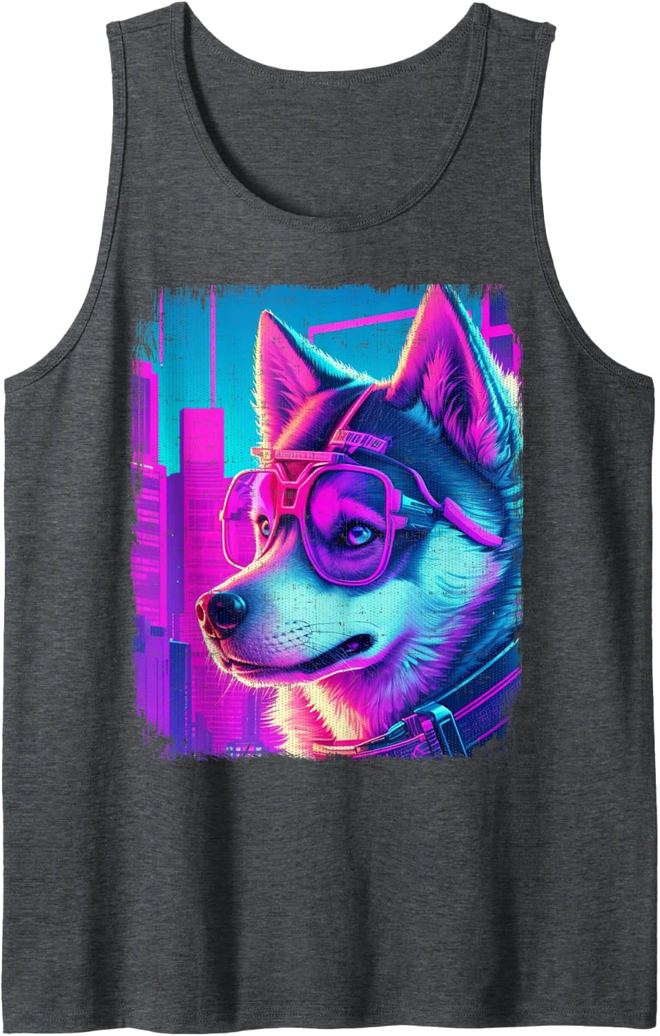Siberian Husky Dog Cyber Vaporwave 80's Synthwave Retrowave Tank Top - Dark Heather Grey