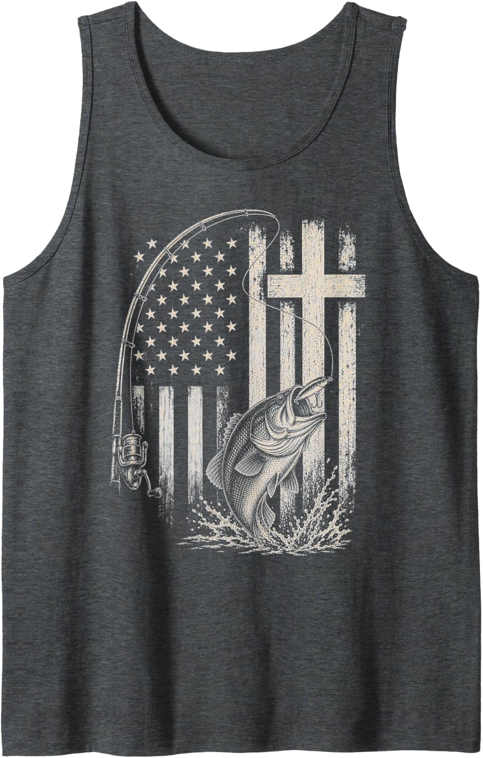 Bass Fishing American Flag Christian Cross Patriotic Sleeveless Tank Top - Dark Heather Grey