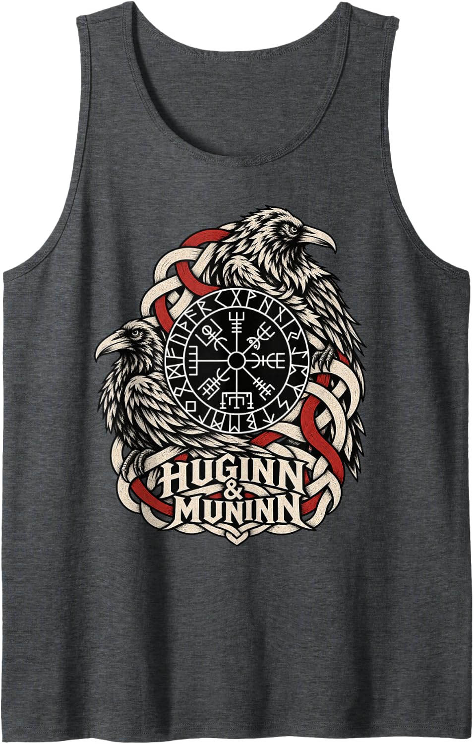 Odin Huginn Muninn Raven Heads Vegvisir Norse Knotwork Sleeveless Tank Top - Dark Heather Grey