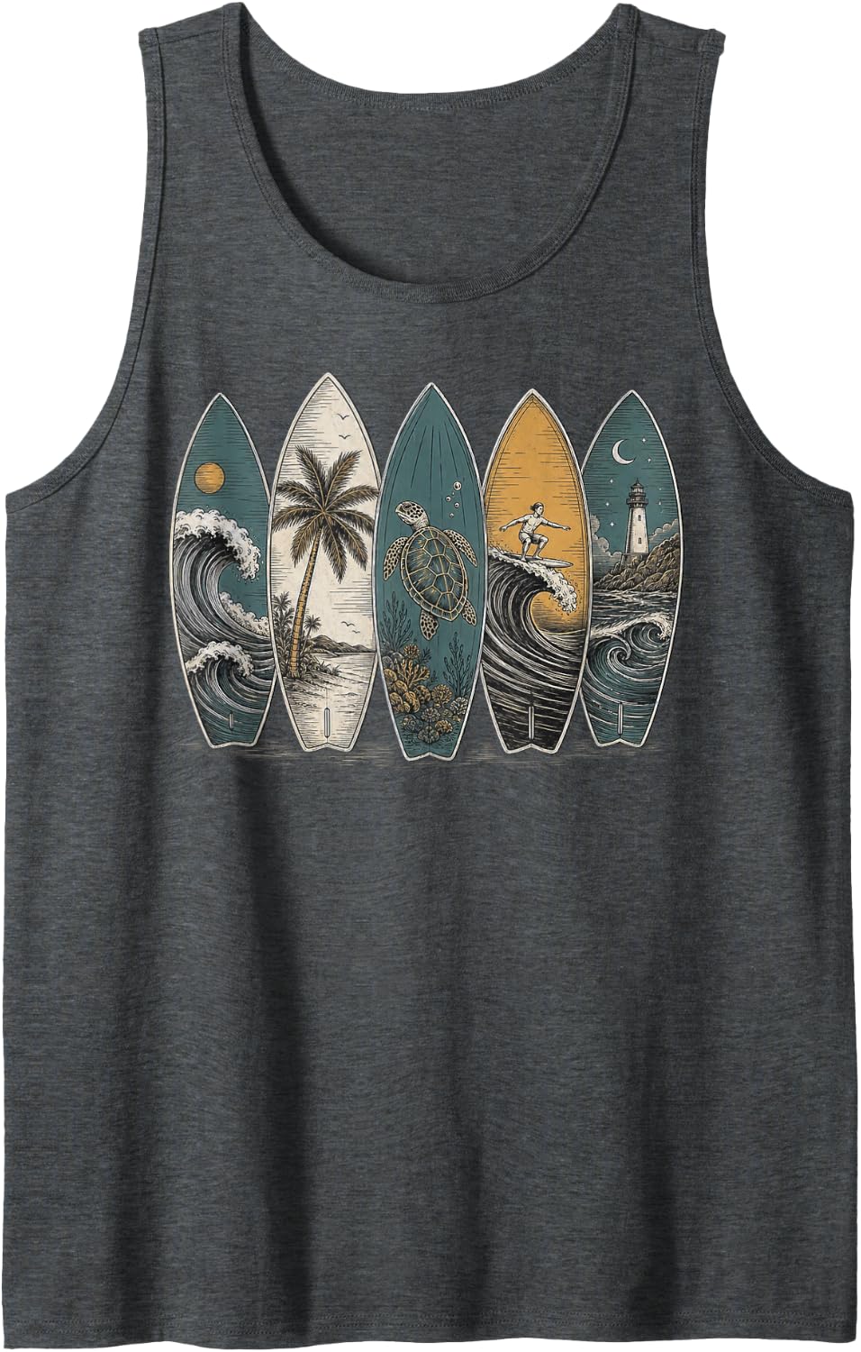 Ocean-Themed Surfboards Vintage Design Sleeveless Tank Top - Dark Heather Grey
