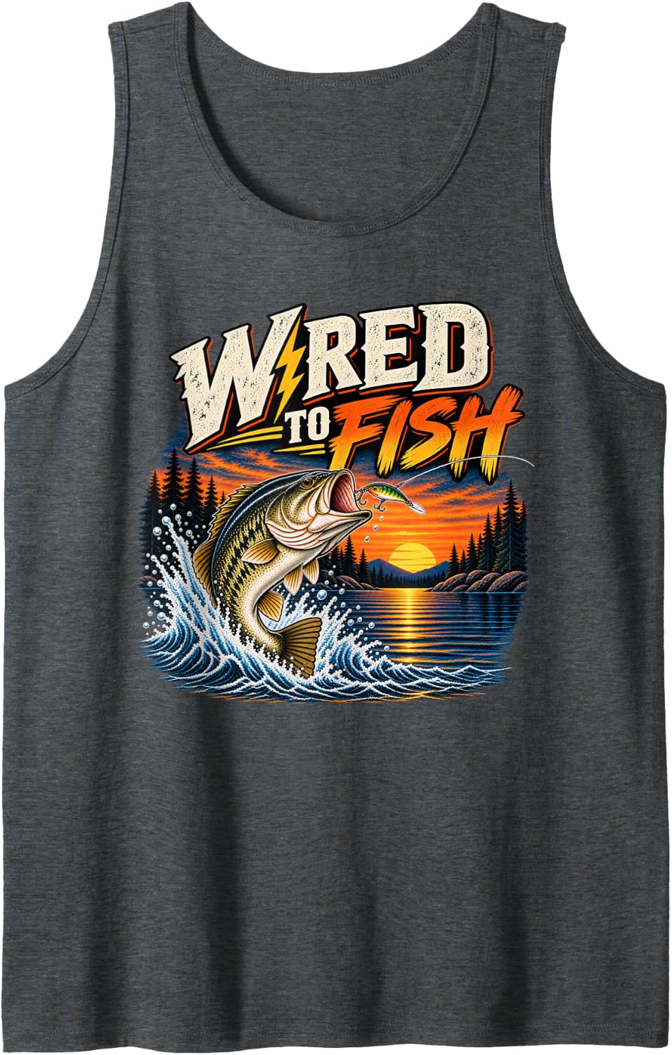 Wired to Fish Funny Electrician Bass Fishing Fisherman Sleeveless Tank Top - Dark Heather Grey