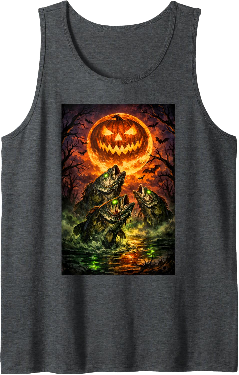 Halloween Bass Fish Howling at a Jack o Lantern Spooky Tank Top - Dark Heather Grey