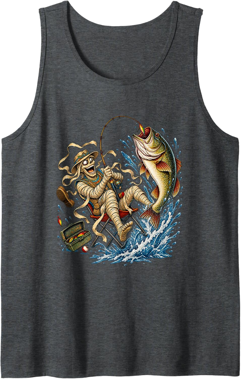 Funny Fishing Mummy Bass Angler Egyptian Skeleton Sleeveless Tank Top - Dark Heather Grey